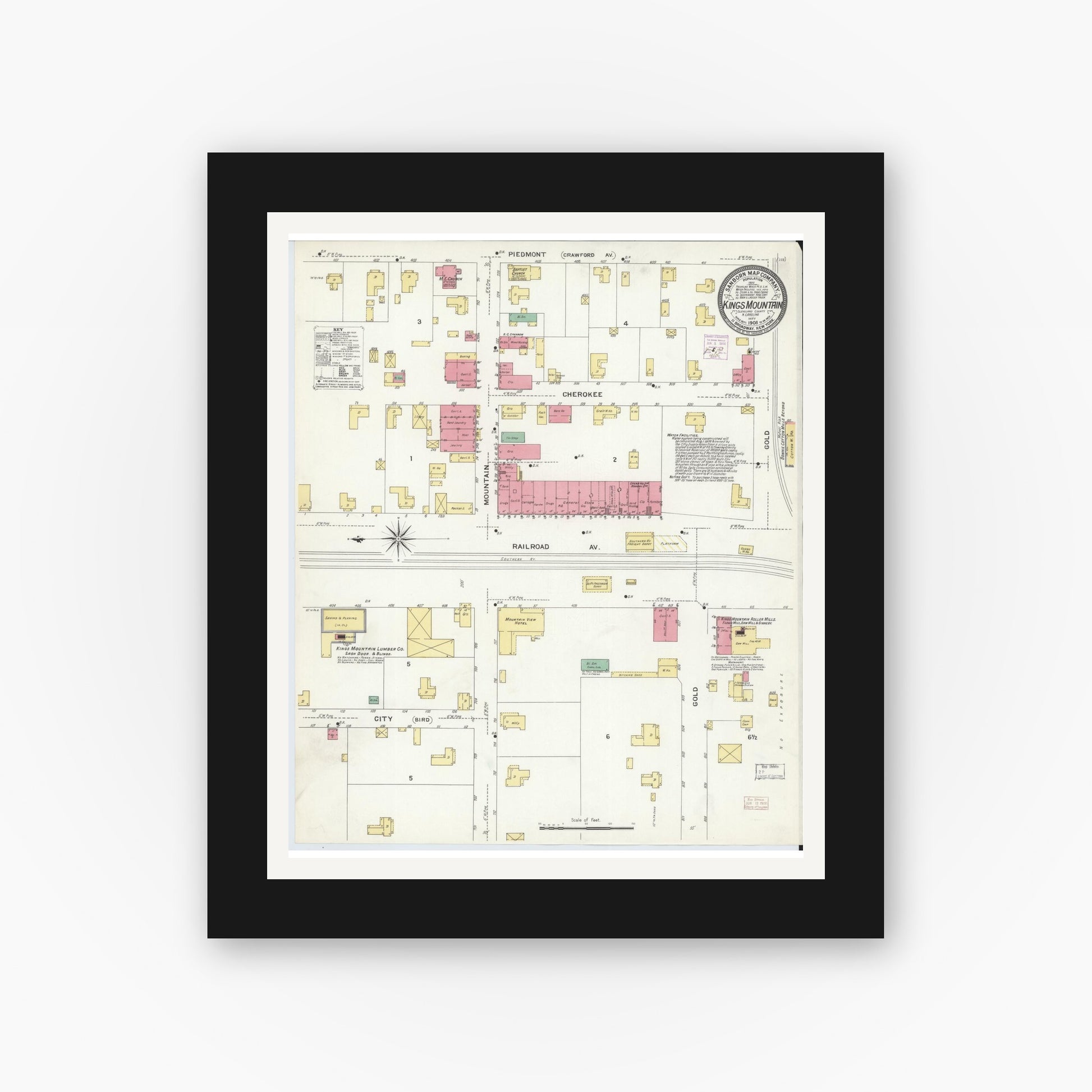 Old map wall art mockup — black gallery frame with white mat — Sanborn Fire Insurance Map from Kings Mountain, Cleveland County, North Carolina (1908), Sheet #0001