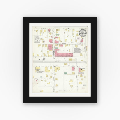 Old map wall art mockup — black gallery frame with white mat — Sanborn Fire Insurance Map from Kings Mountain, Cleveland County, North Carolina (1908), Sheet #0001