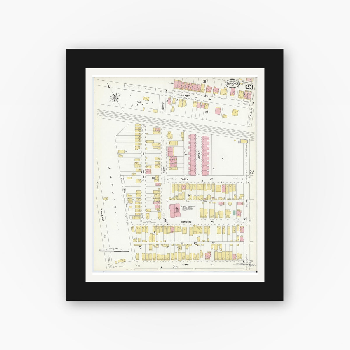 Old map wall art mockup — black gallery frame with white mat — Sanborn Fire Insurance Map from Braddock, Allegheny County, Pennsylvania (1908), Sheet #0023