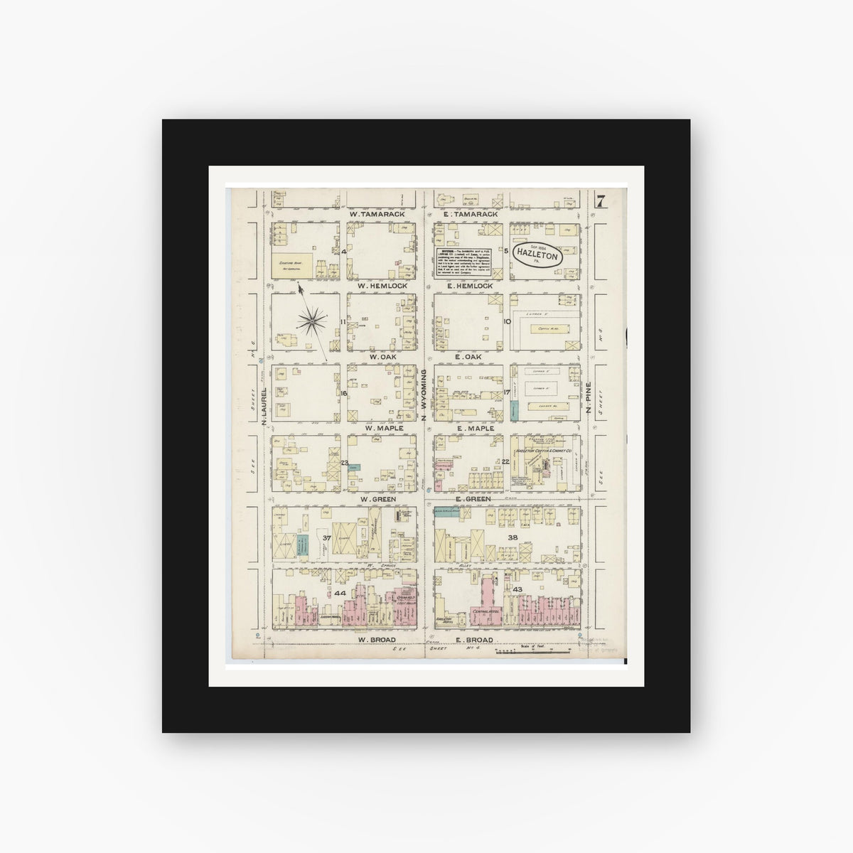 Old map wall art mockup — black gallery frame with white mat — Sanborn Fire Insurance Map from Hazleton, Luzerne County, Pennsylvania (1884), Sheet #0007