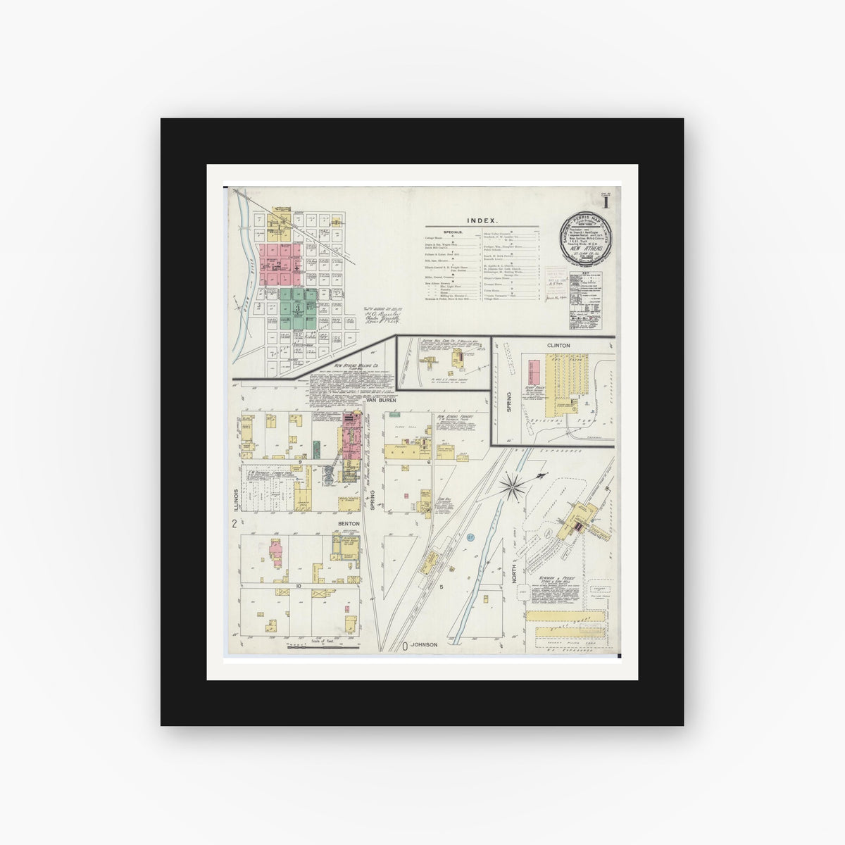 Old map wall art mockup — black gallery frame with white mat — Sanborn Fire Insurance Map from New Athens, Saint Clair County, Illinois (1900) - Complete Map Set