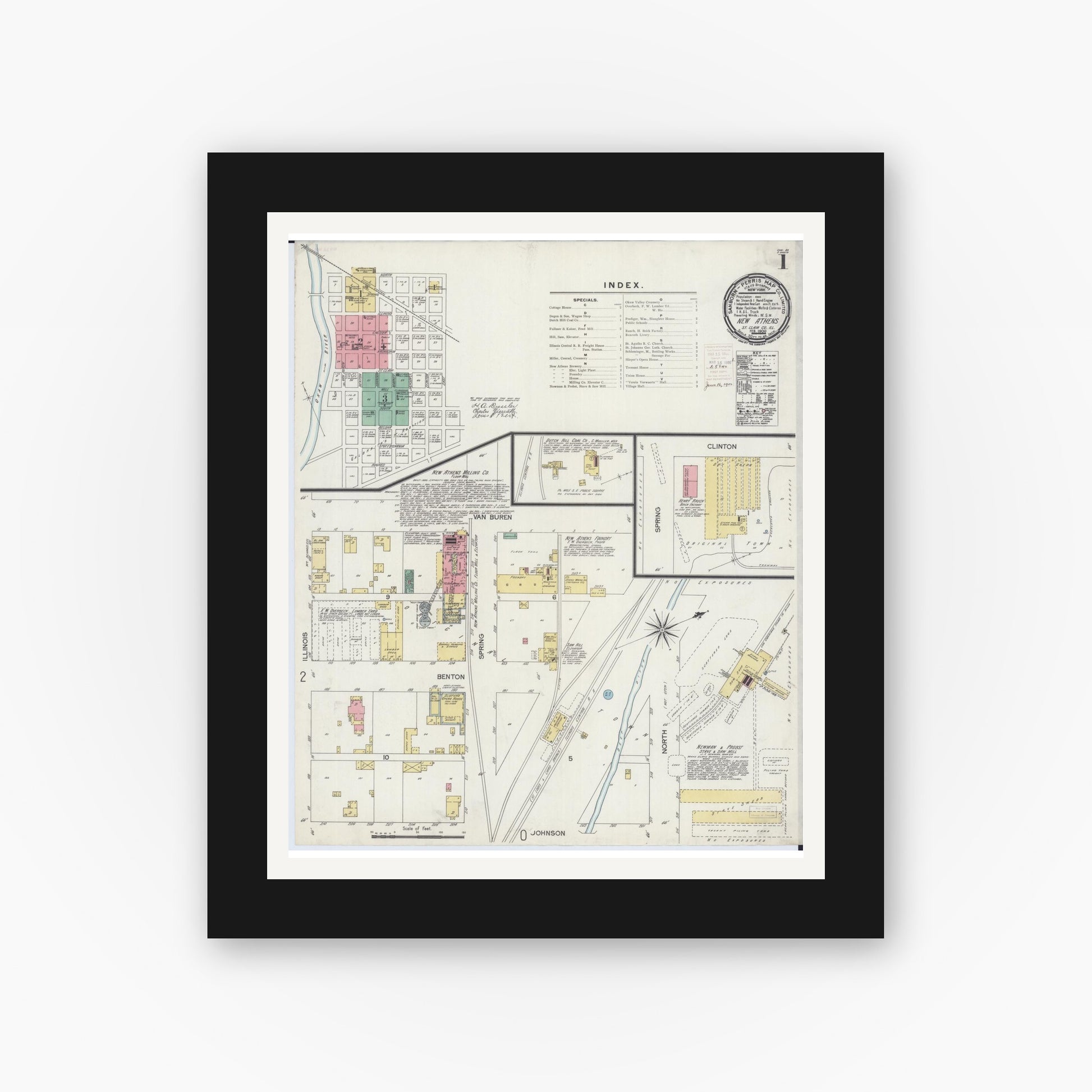 Old map wall art mockup — black gallery frame with white mat — Sanborn Fire Insurance Map from New Athens, Saint Clair County, Illinois (1900) - Complete Map Set