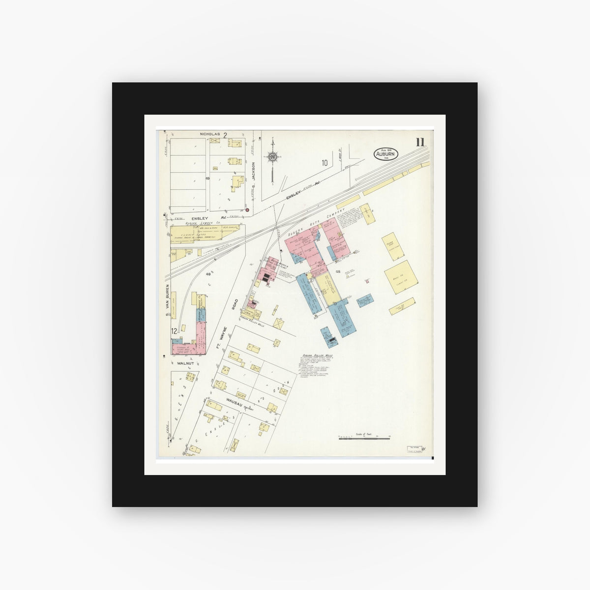 Old map wall art mockup — black gallery frame with white mat — Sanborn Fire Insurance Map from Auburn, De Kalb County, Indiana (1914), Sheet #0011