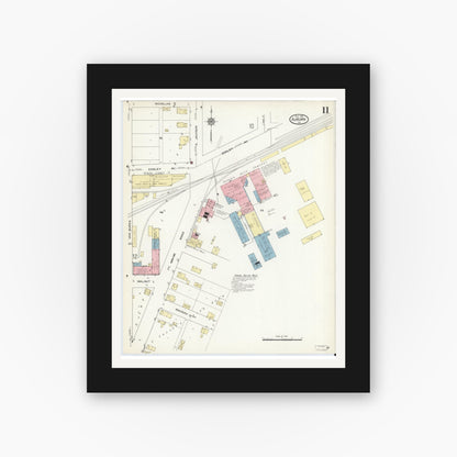 Old map wall art mockup — black gallery frame with white mat — Sanborn Fire Insurance Map from Auburn, De Kalb County, Indiana (1914), Sheet #0011