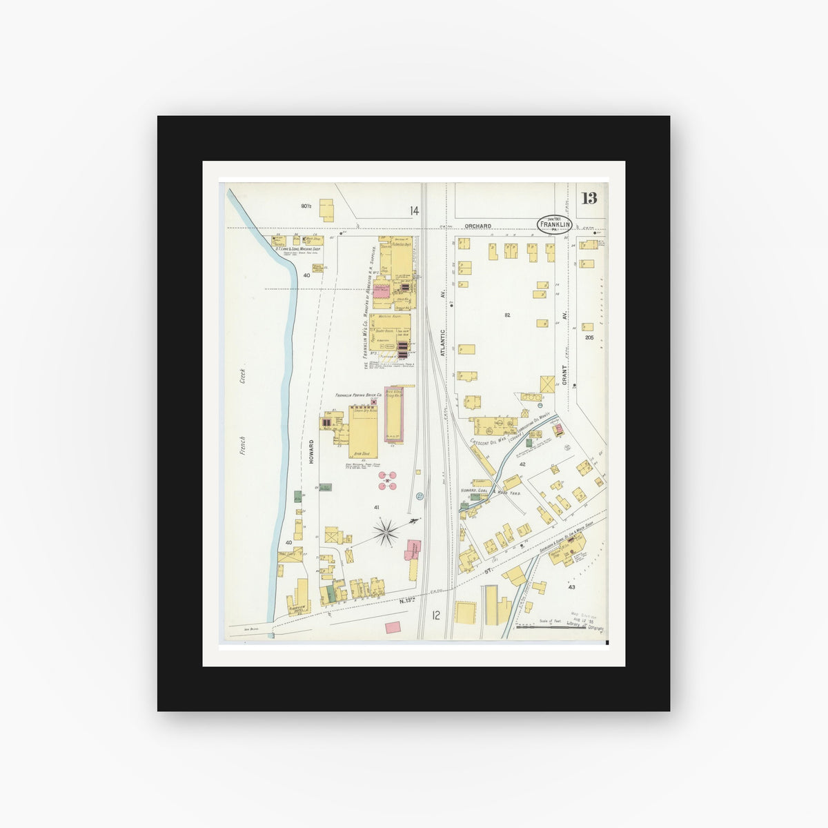Old map wall art mockup — black gallery frame with white mat — Sanborn Fire Insurance Map from Franklin, Venango County, Pennsylvania (1901), Sheet #0013