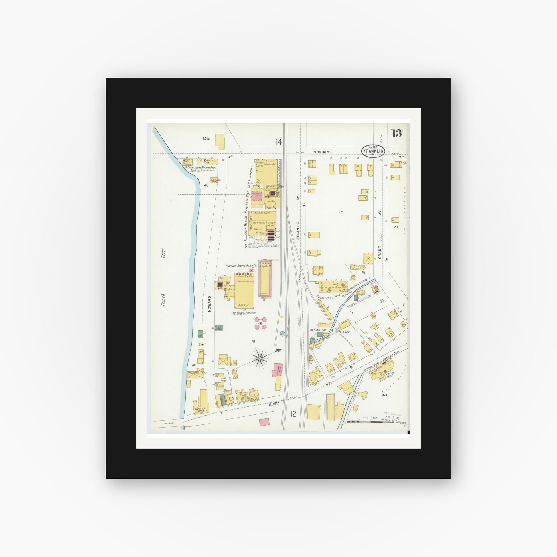 Old map wall art mockup — black gallery frame with white mat — Sanborn Fire Insurance Map from Franklin, Venango County, Pennsylvania (1901), Sheet #0013