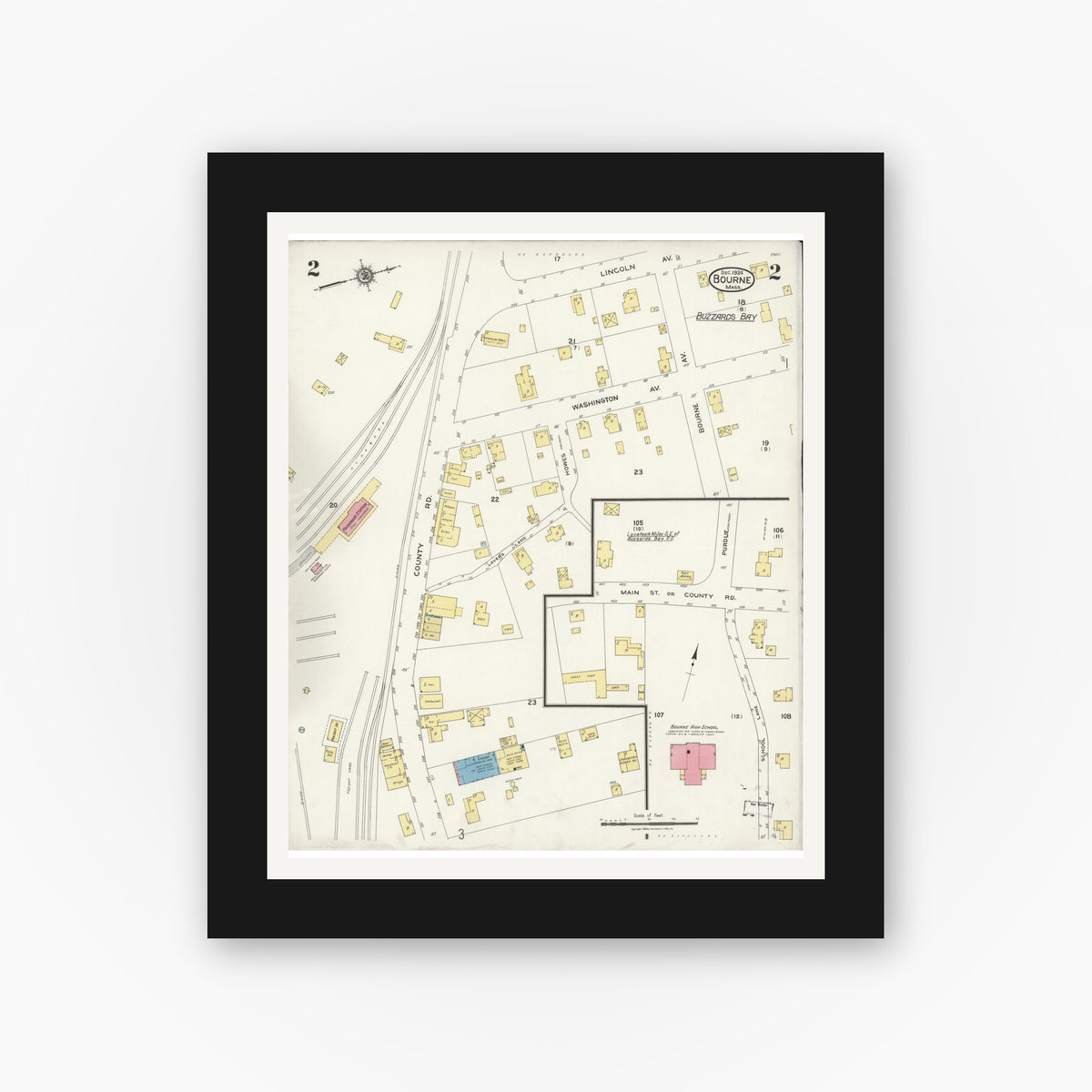 Old map wall art mockup — black gallery frame with white mat — Sanborn Fire Insurance Map from Bourne, Barnstable County, Massachusetts (1924), Sheet #0002