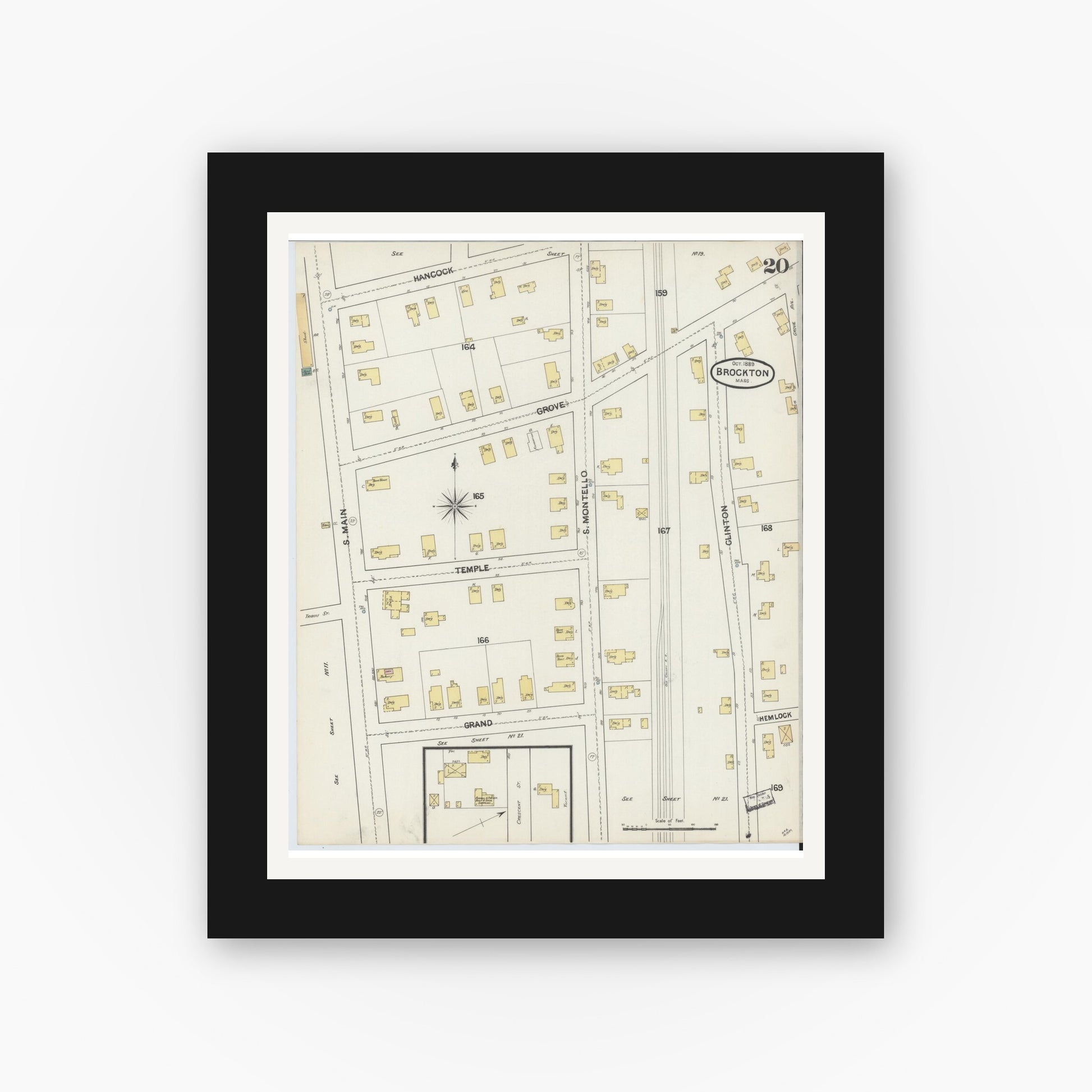 Old map wall art mockup — black gallery frame with white mat — Sanborn Fire Insurance Map from Brockton, Plymouth County, Massachusetts (1889), Sheet #0020