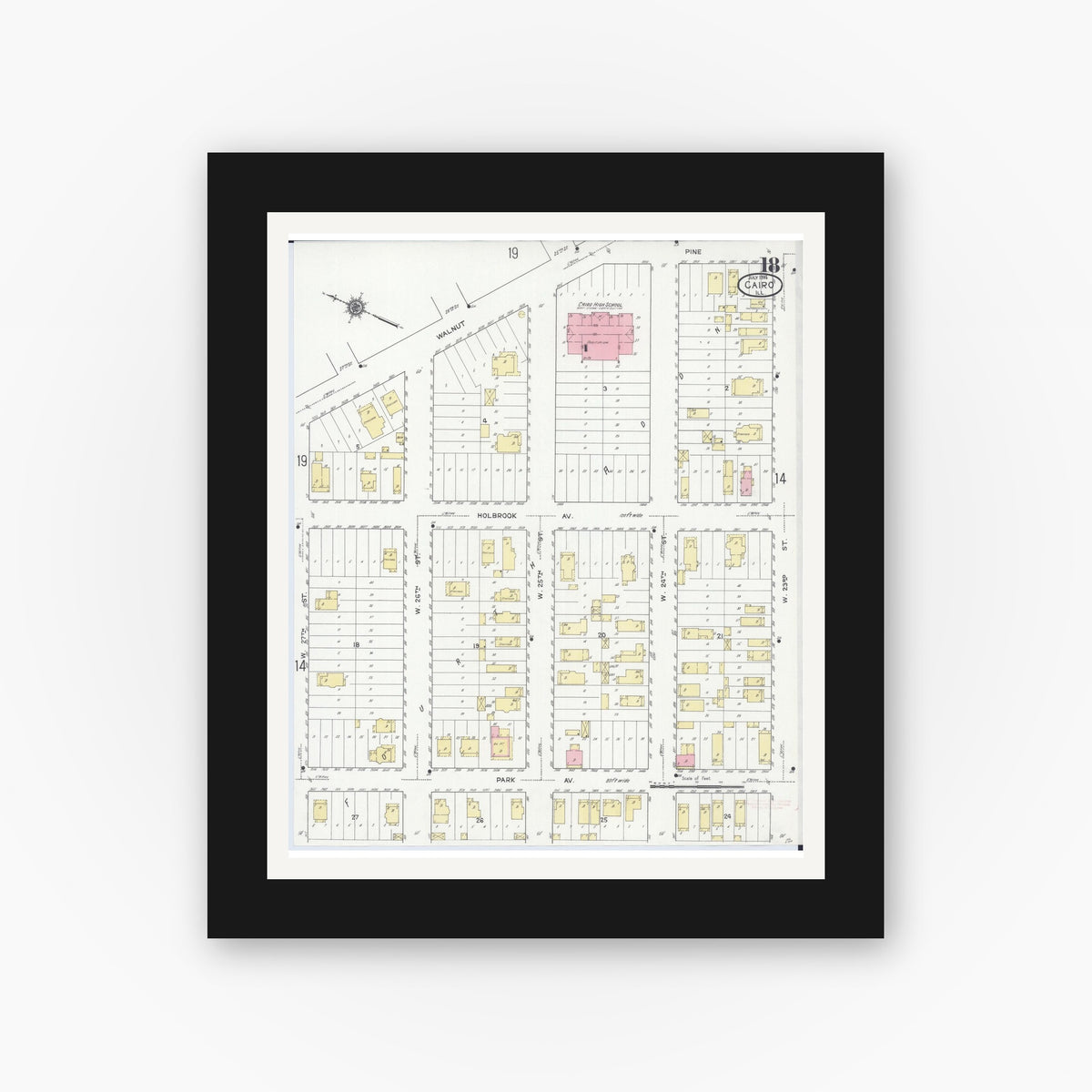 Old map wall art mockup — black gallery frame with white mat — Sanborn Fire Insurance Map from Cairo, Alexander County, Illinois (1914), Sheet #0018