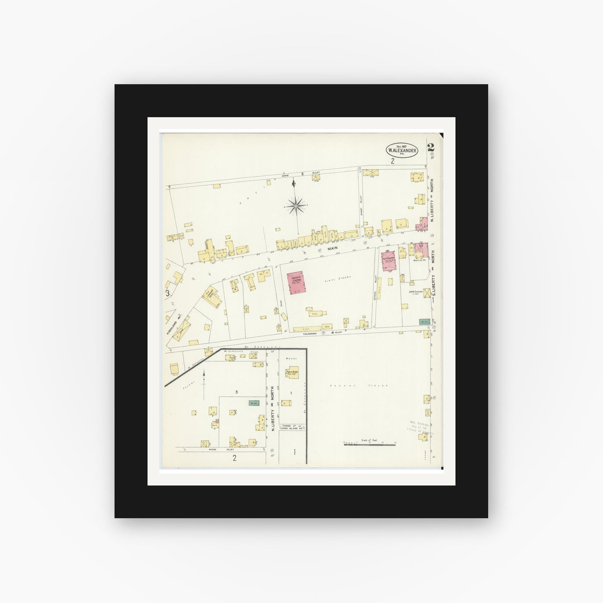 Old map wall art mockup — black gallery frame with white mat — Sanborn Fire Insurance Map from West Alexander, Washington County, Pennsylvania (1907), Sheet #0002