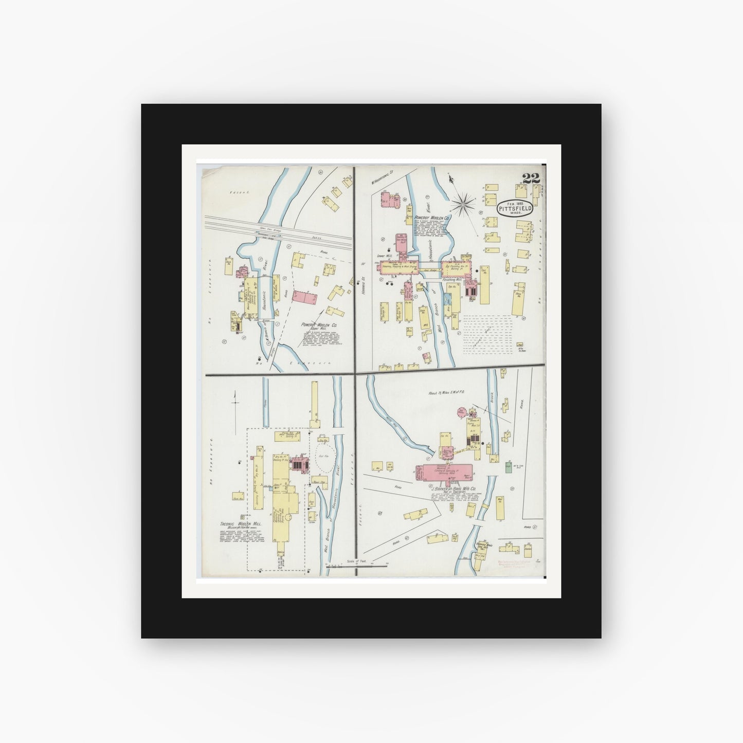 Old map wall art mockup — black gallery frame with white mat — Sanborn Fire Insurance Map from Pittsfield, Berkshire County, Massachusetts (1895), Sheet #0022