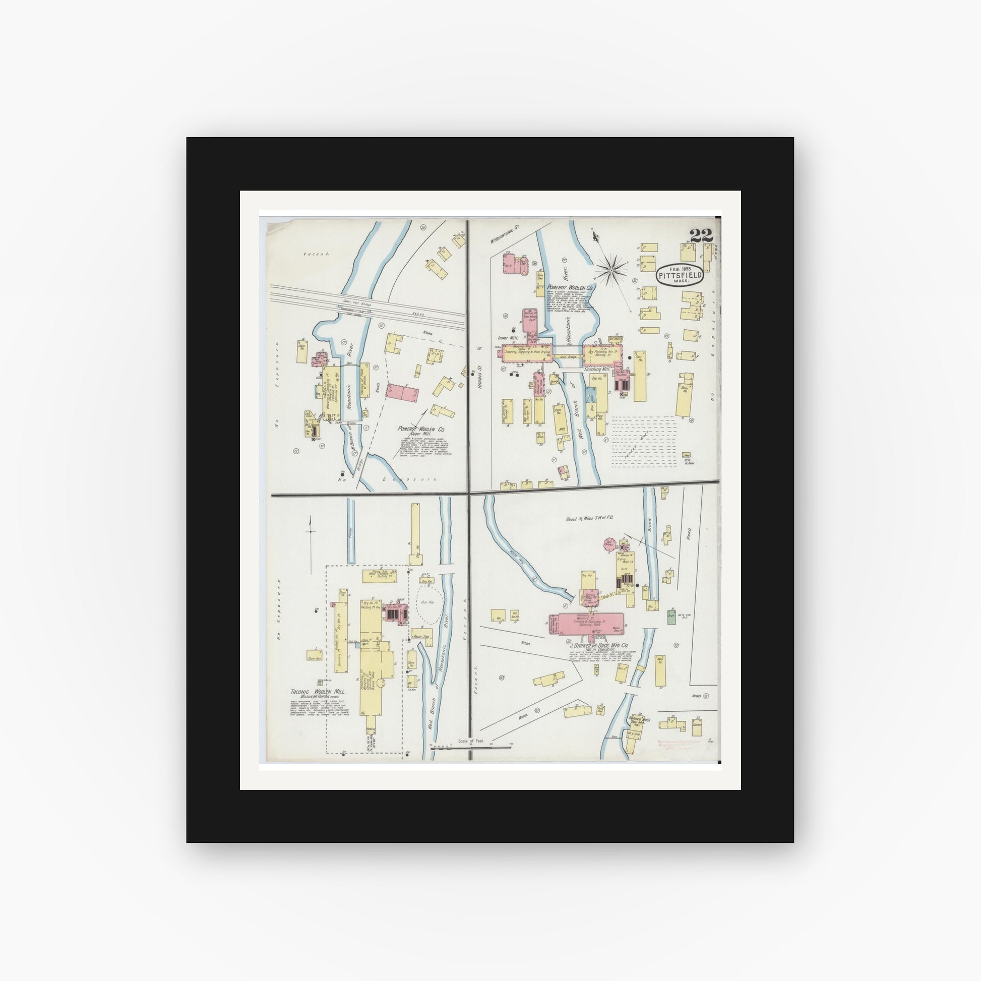 Old map wall art mockup — black gallery frame with white mat — Sanborn Fire Insurance Map from Pittsfield, Berkshire County, Massachusetts (1895), Sheet #0022