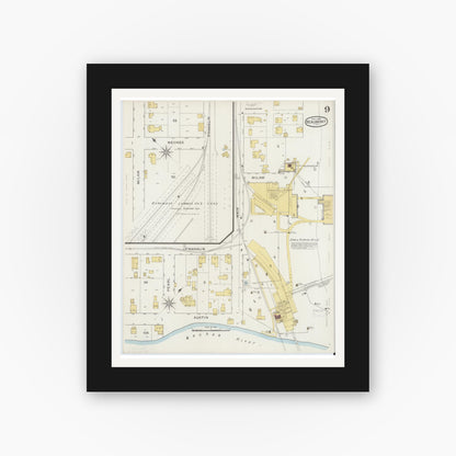 Old map wall art mockup — black gallery frame with white mat — Sanborn Fire Insurance Map from Beaumont, Jefferson County, Texas (1894), Sheet #0009