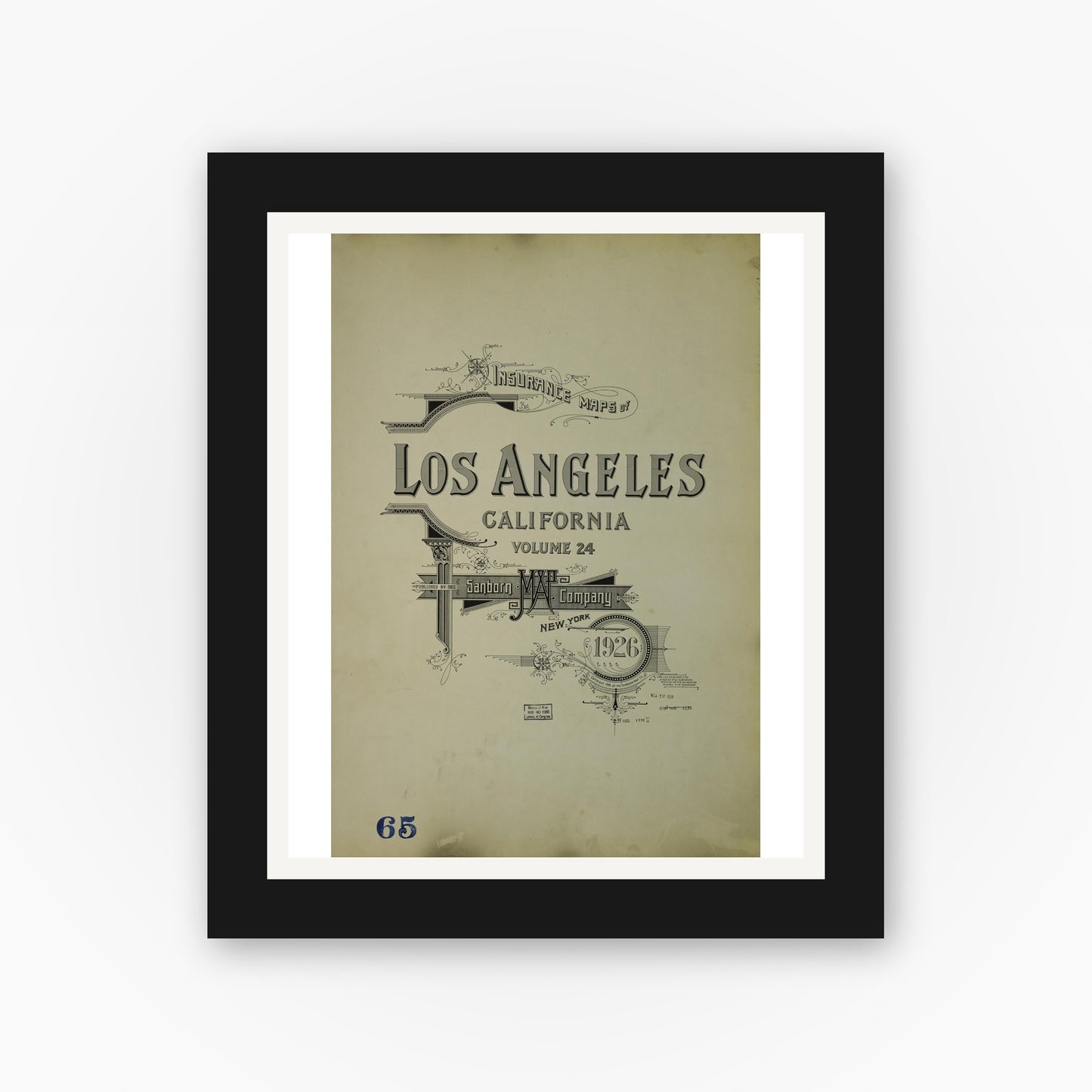 Old map wall art mockup — black gallery frame with white mat — Sanborn Fire Insurance Map from Los Angeles, Los Angeles County, California (1926), Sheet #0001