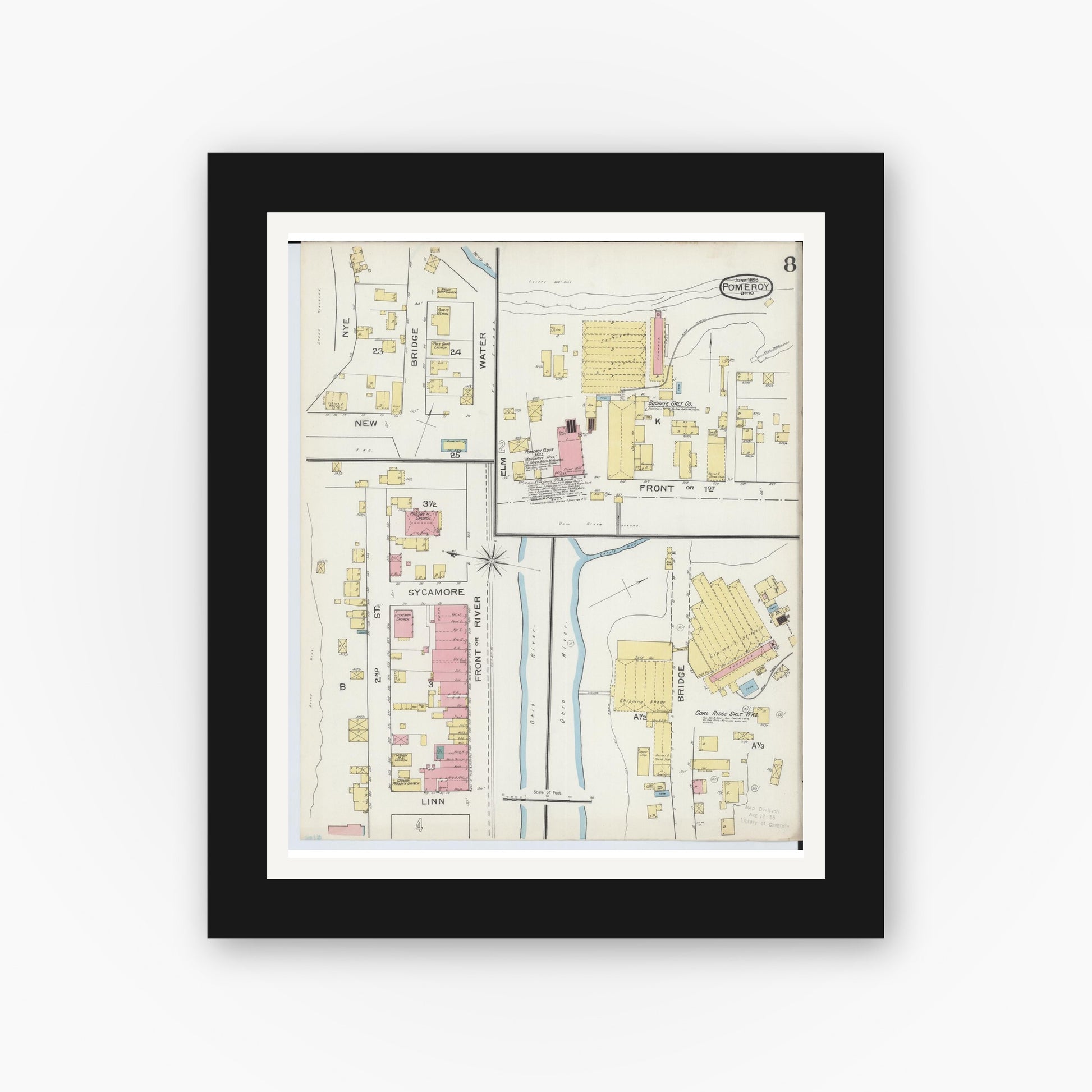 Old map wall art mockup — black gallery frame with white mat — Sanborn Fire Insurance Map from Pomeroy, Meigs County, Ohio (1893), Sheet #0008