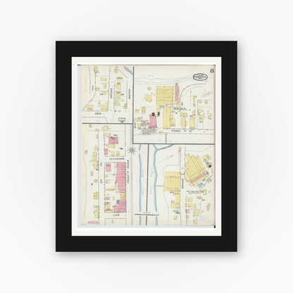 Old map wall art mockup — black gallery frame with white mat — Sanborn Fire Insurance Map from Pomeroy, Meigs County, Ohio (1893), Sheet #0008