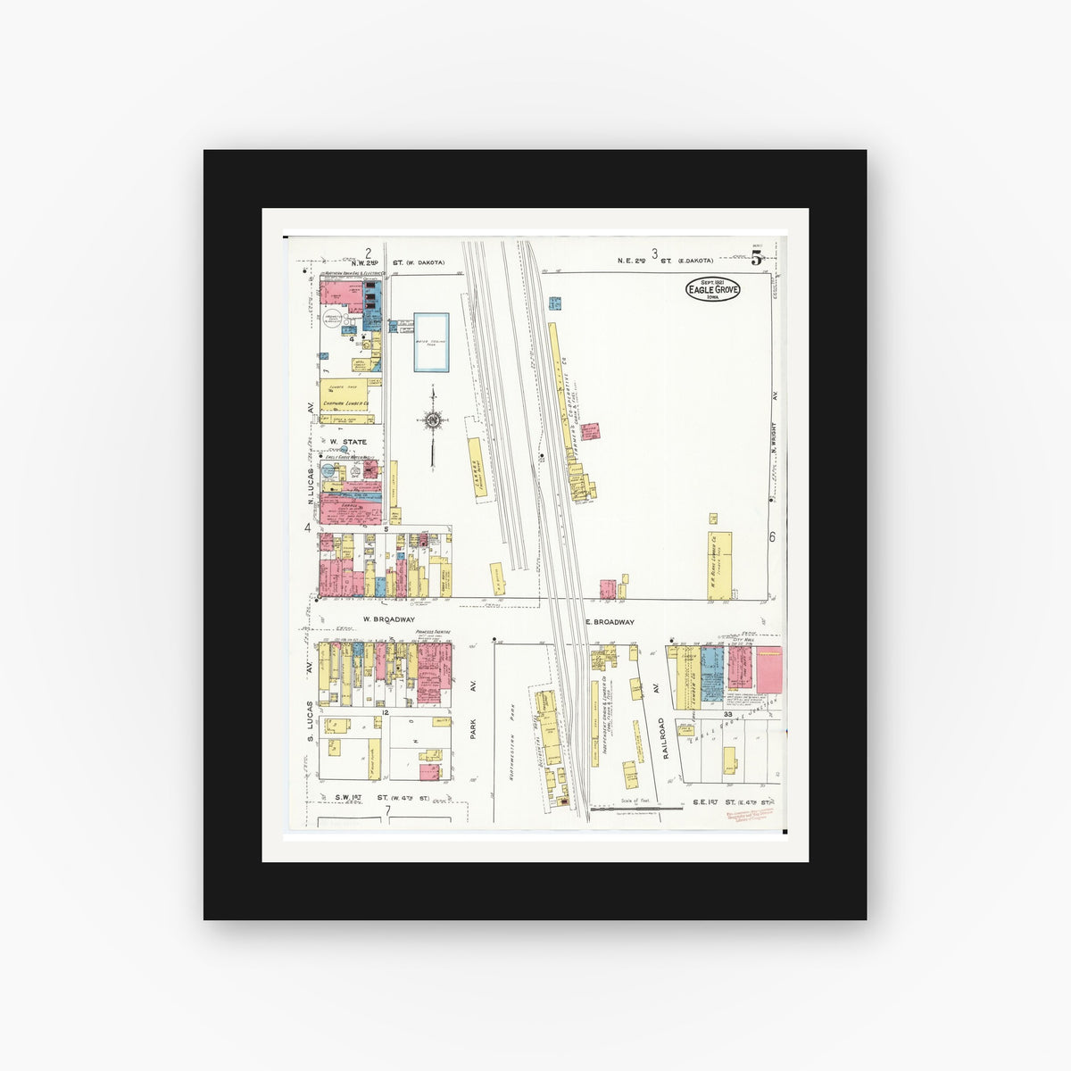 Old map wall art mockup — black gallery frame with white mat — Sanborn Fire Insurance Map from Eagle Grove, Wright County, Iowa (1921), Sheet #0005
