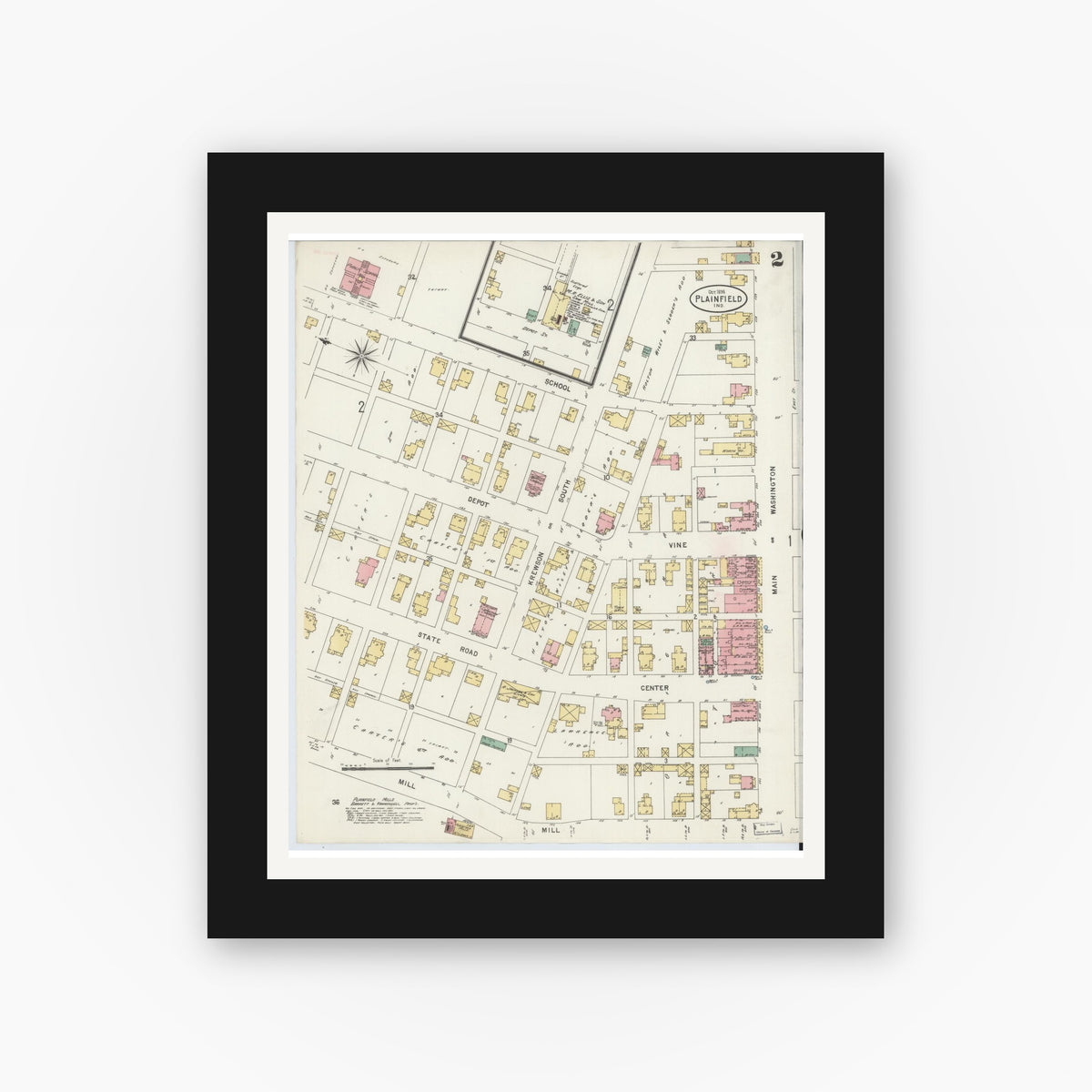 Old map wall art mockup — black gallery frame with white mat — Sanborn Fire Insurance Map from Plainfield, Hendricks County, Indiana (1898), Sheet #0002