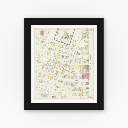 Old map wall art mockup — black gallery frame with white mat — Sanborn Fire Insurance Map from Plainfield, Hendricks County, Indiana (1898), Sheet #0002