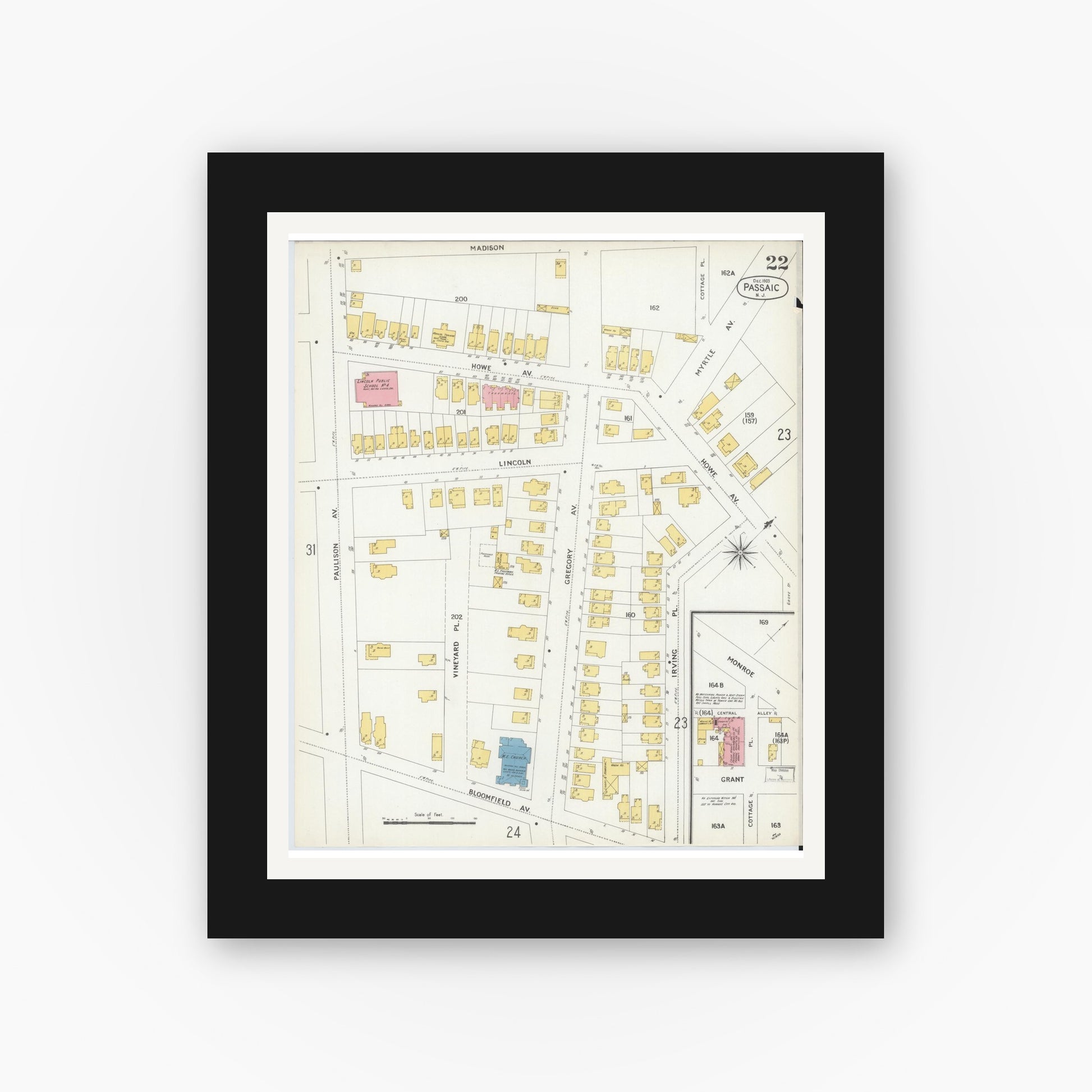 Old map wall art mockup — black gallery frame with white mat — Sanborn Fire Insurance Map from Passaic, Passaic County, New Jersey (1903), Sheet #0022