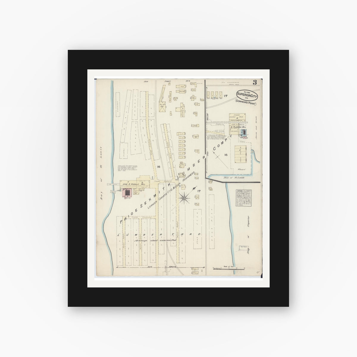 Old map wall art mockup — black gallery frame with white mat — Sanborn Fire Insurance Map from Superior, Douglas County, Wisconsin (1884), Sheet #0003