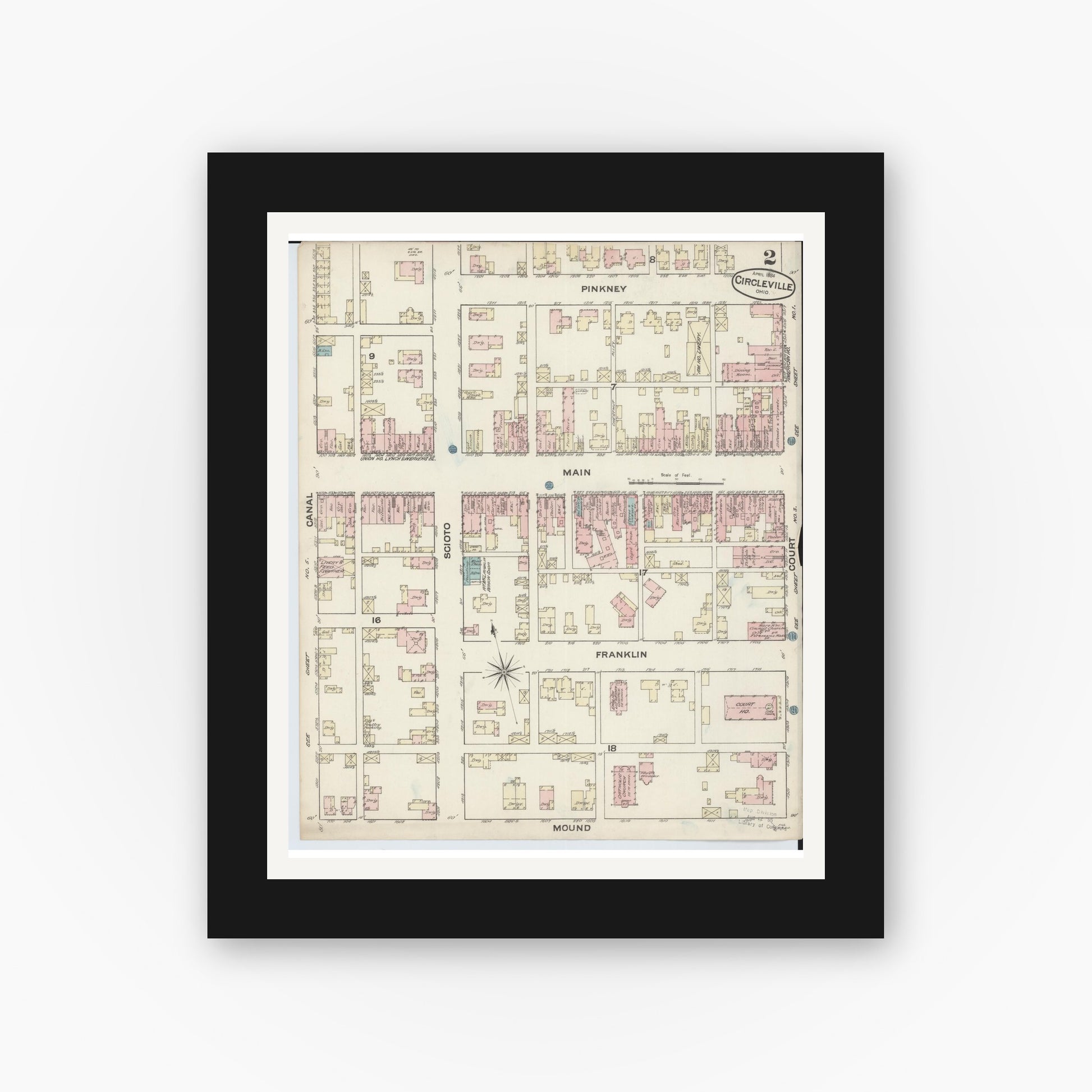 Old map wall art mockup — black gallery frame with white mat — Sanborn Fire Insurance Map from Circleville, Pickaway County, Ohio (1884), Sheet #0002