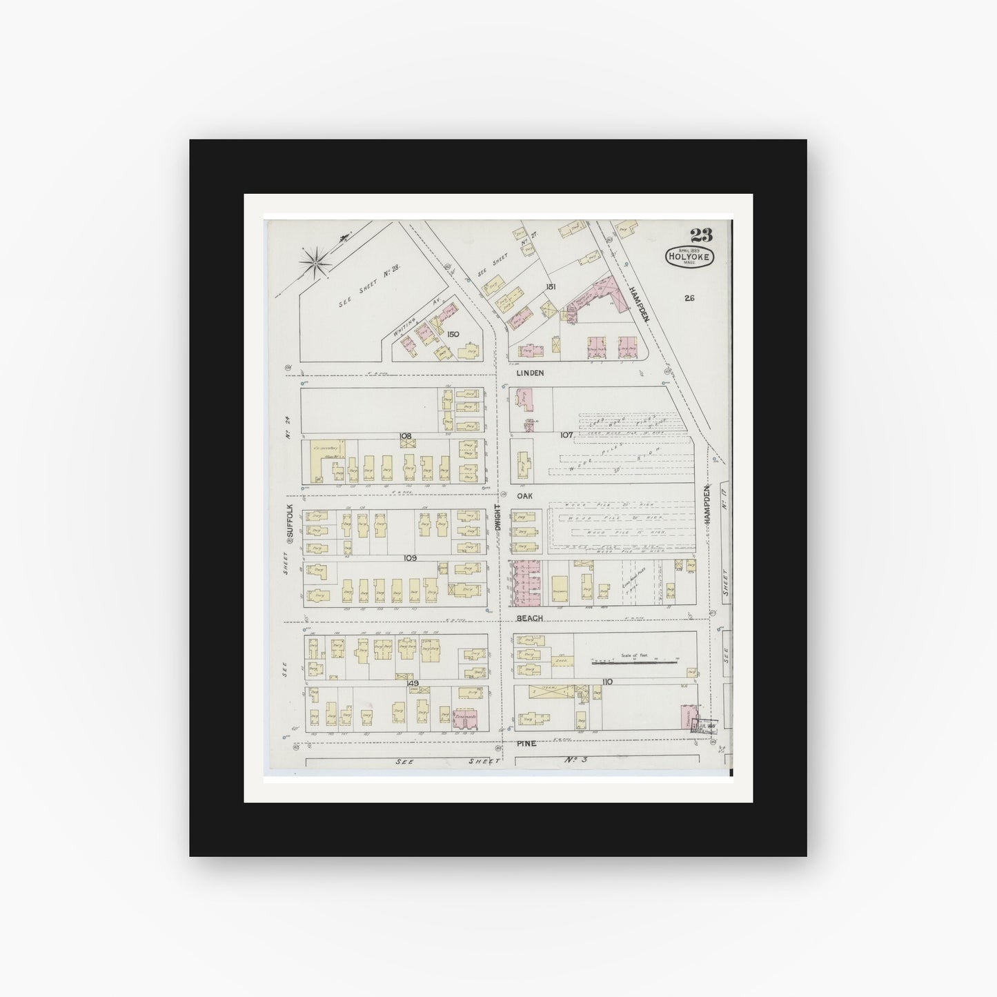Old map wall art mockup — black gallery frame with white mat — Sanborn Fire Insurance Map from Holyoke, Hampden County, Massachusetts (1889), Sheet #0023