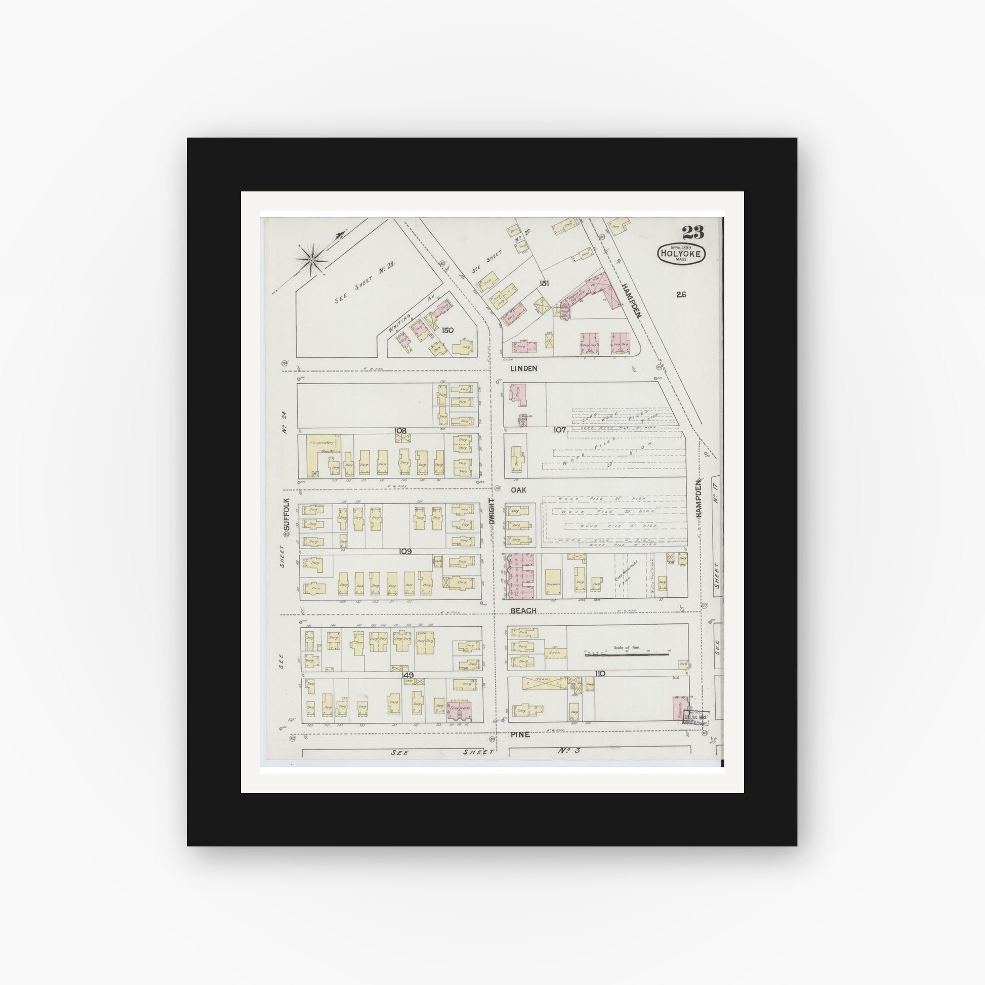Old map wall art mockup — black gallery frame with white mat — Sanborn Fire Insurance Map from Holyoke, Hampden County, Massachusetts (1889), Sheet #0023