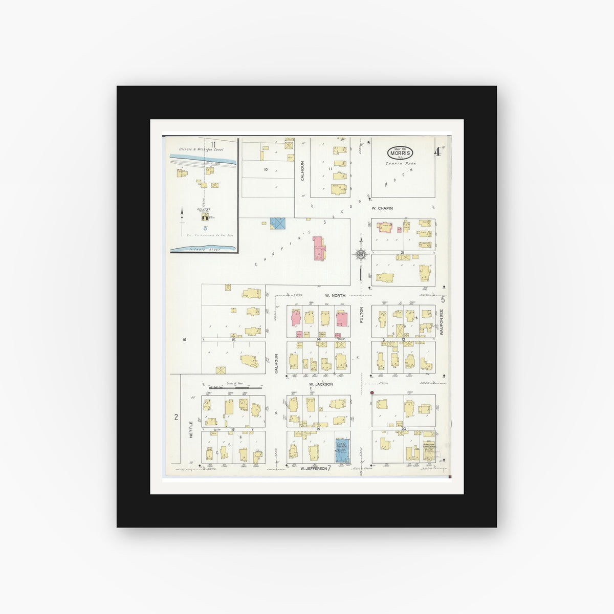 Old map wall art mockup — black gallery frame with white mat — Sanborn Fire Insurance Map from Morris, Grundy County, Illinois (1916), Sheet #0004
