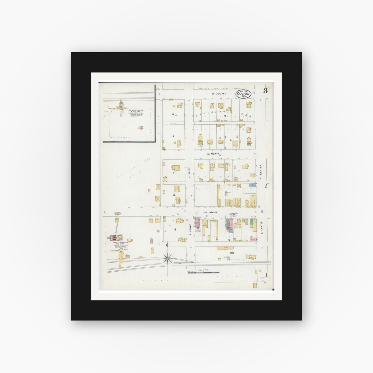 Old map wall art mockup — black gallery frame with white mat — Sanborn Fire Insurance Map from Colfax, McLean County, Illinois (1906), Sheet #0003