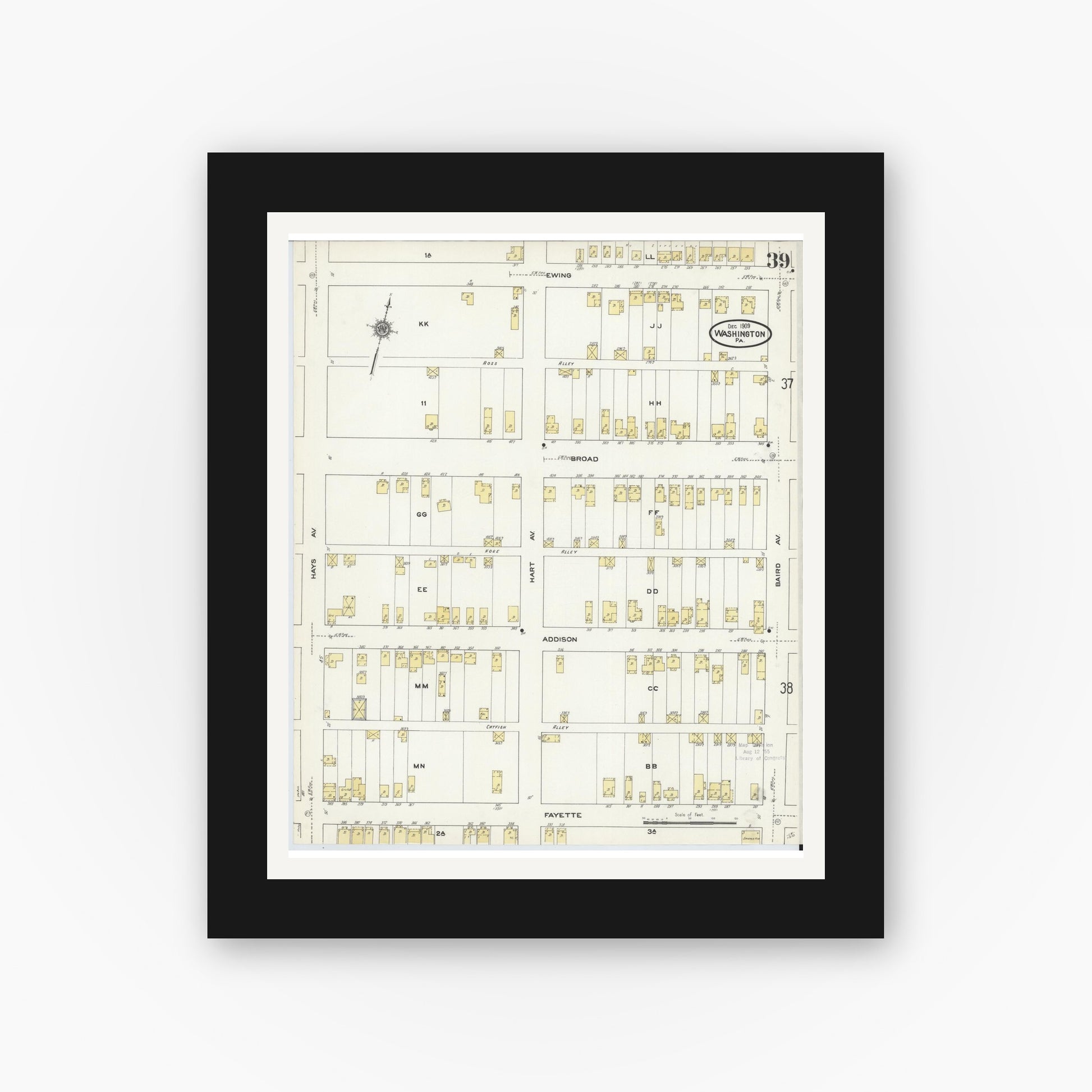 Old map wall art mockup — black gallery frame with white mat — Sanborn Fire Insurance Map from Washington, Washington County, Pennsylvania (1909), Sheet #0039