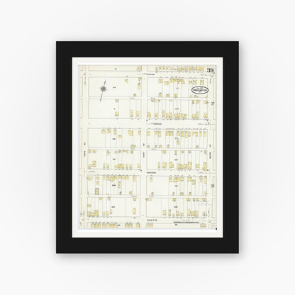 Old map wall art mockup — black gallery frame with white mat — Sanborn Fire Insurance Map from Washington, Washington County, Pennsylvania (1909), Sheet #0039