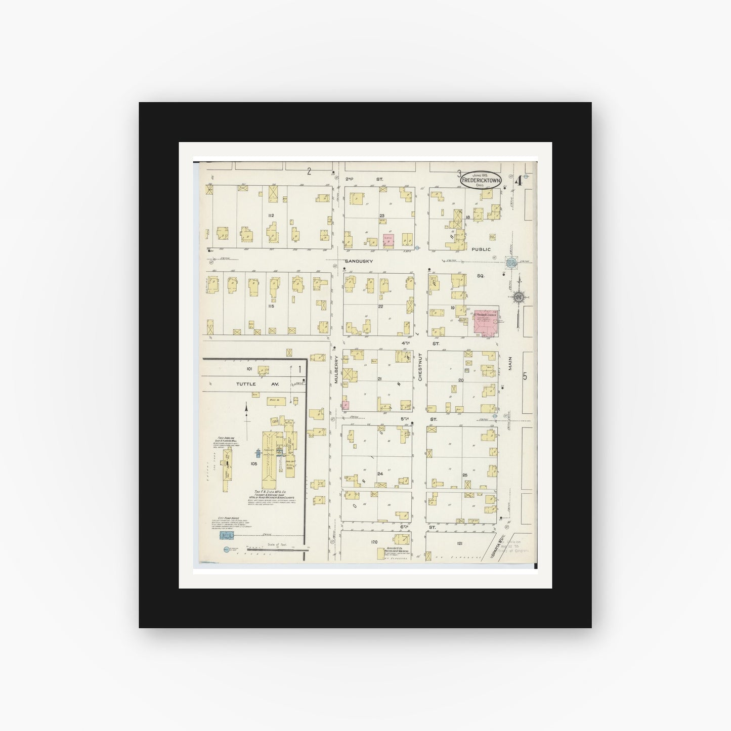 Old map wall art mockup — black gallery frame with white mat — Sanborn Fire Insurance Map from Fredericktown, Knox County, Ohio (1915), Sheet #0004