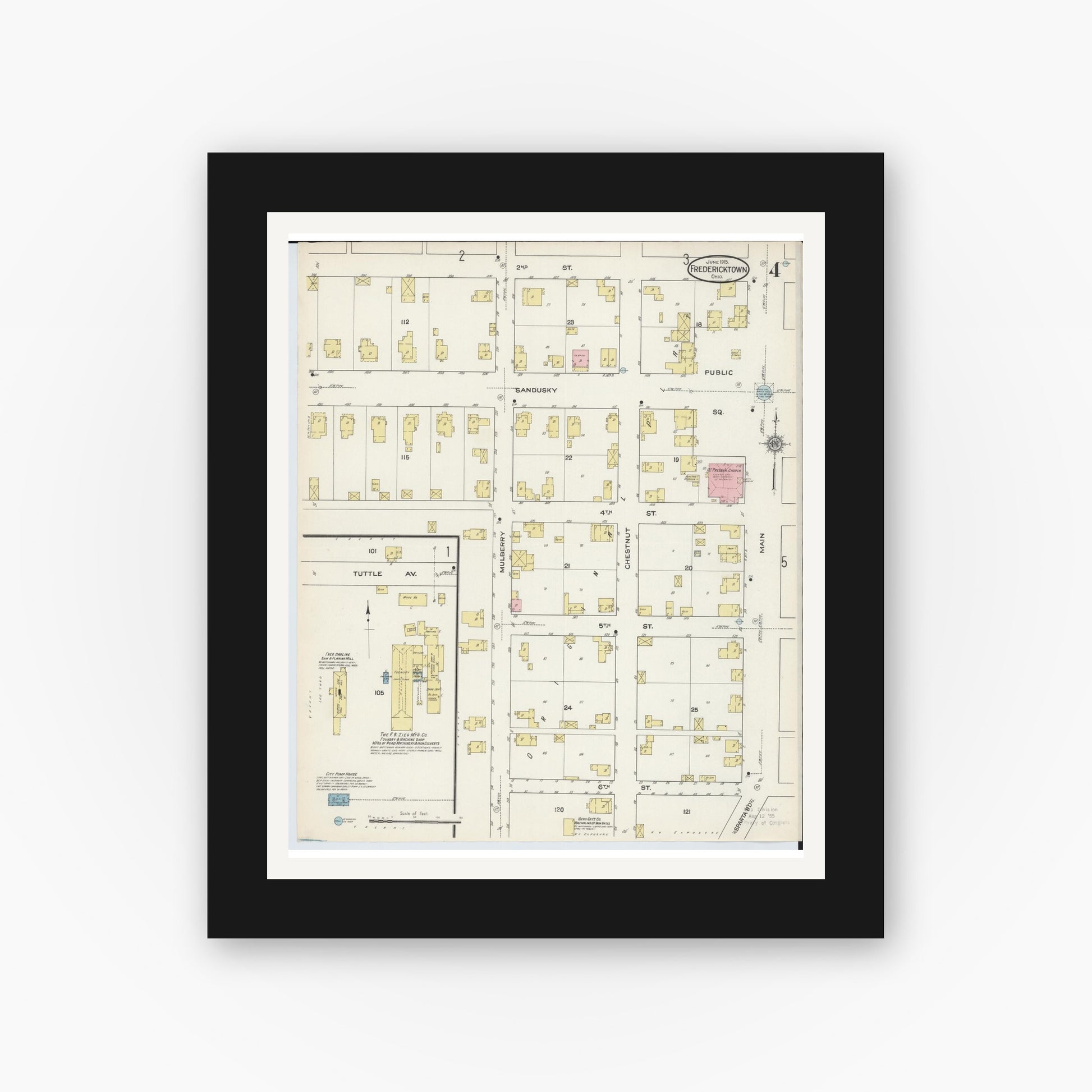 Old map wall art mockup — black gallery frame with white mat — Sanborn Fire Insurance Map from Fredericktown, Knox County, Ohio (1915), Sheet #0004