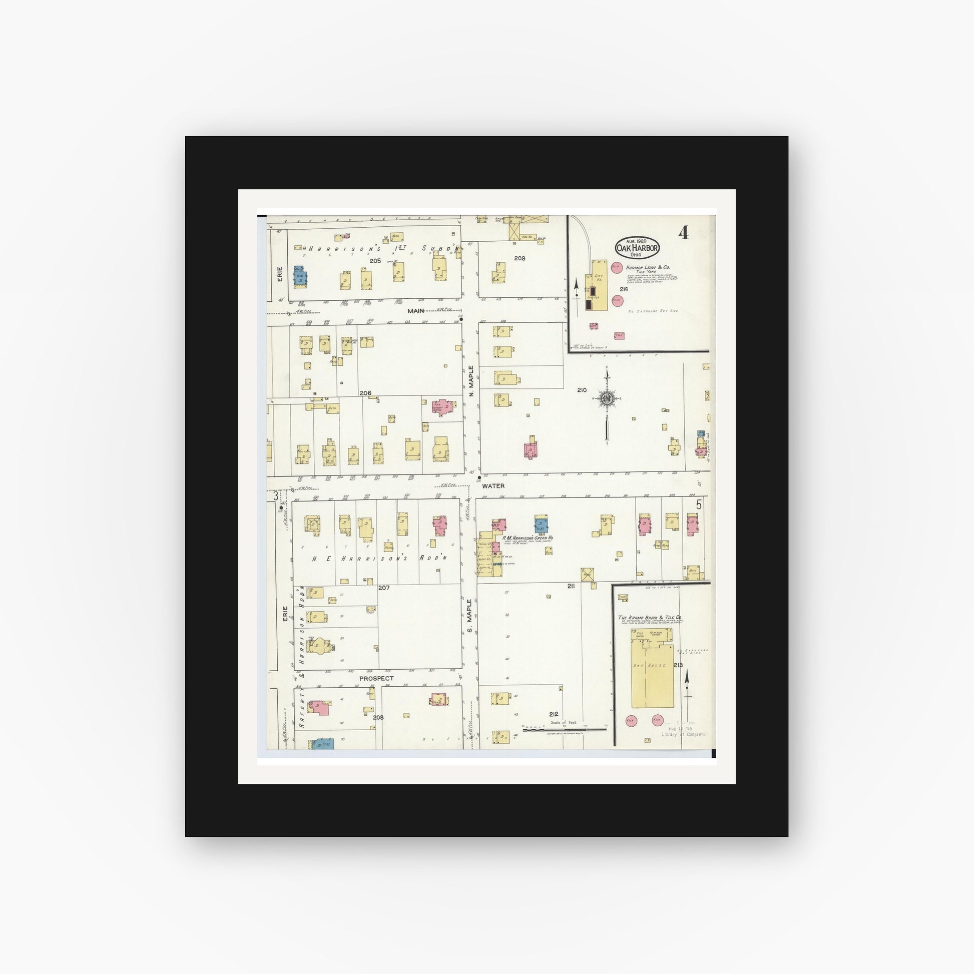 Old map wall art mockup — black gallery frame with white mat — Sanborn Fire Insurance Map from Oak Harbor, Ottawa County, Ohio (1920), Sheet #0004