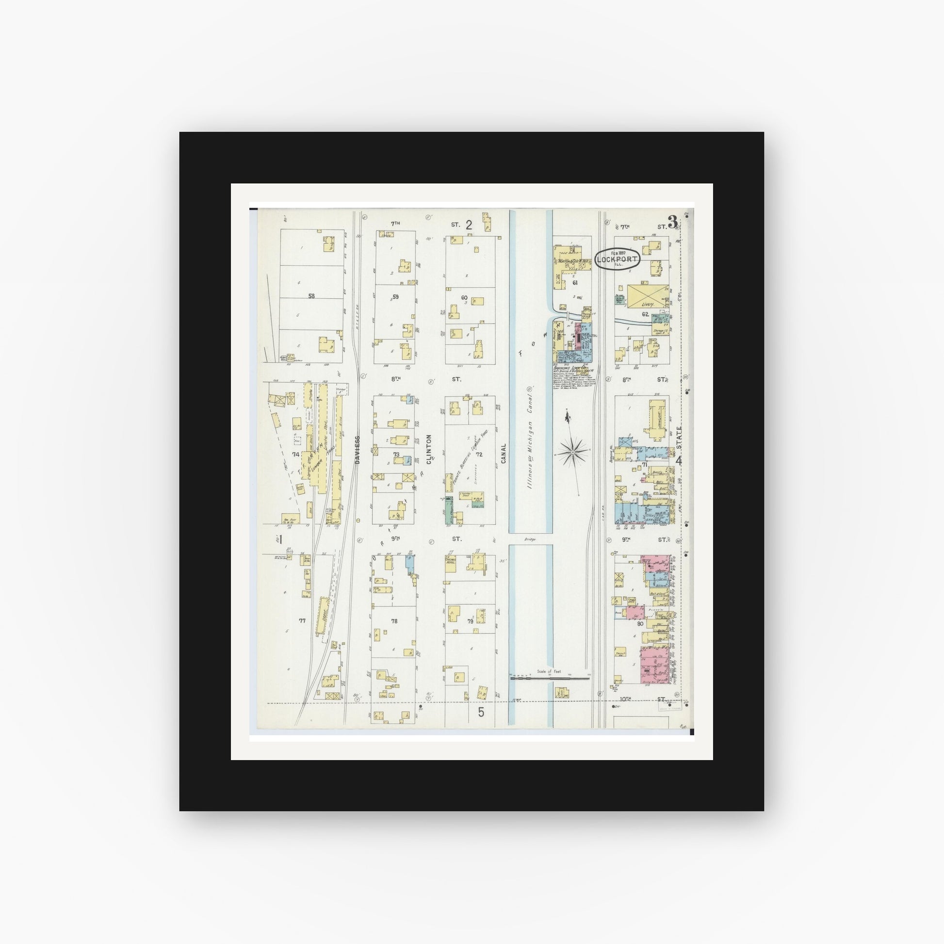 Old map wall art mockup — black gallery frame with white mat — Sanborn Fire Insurance Map from Lockport, Will County, Illinois (1897), Sheet #0003