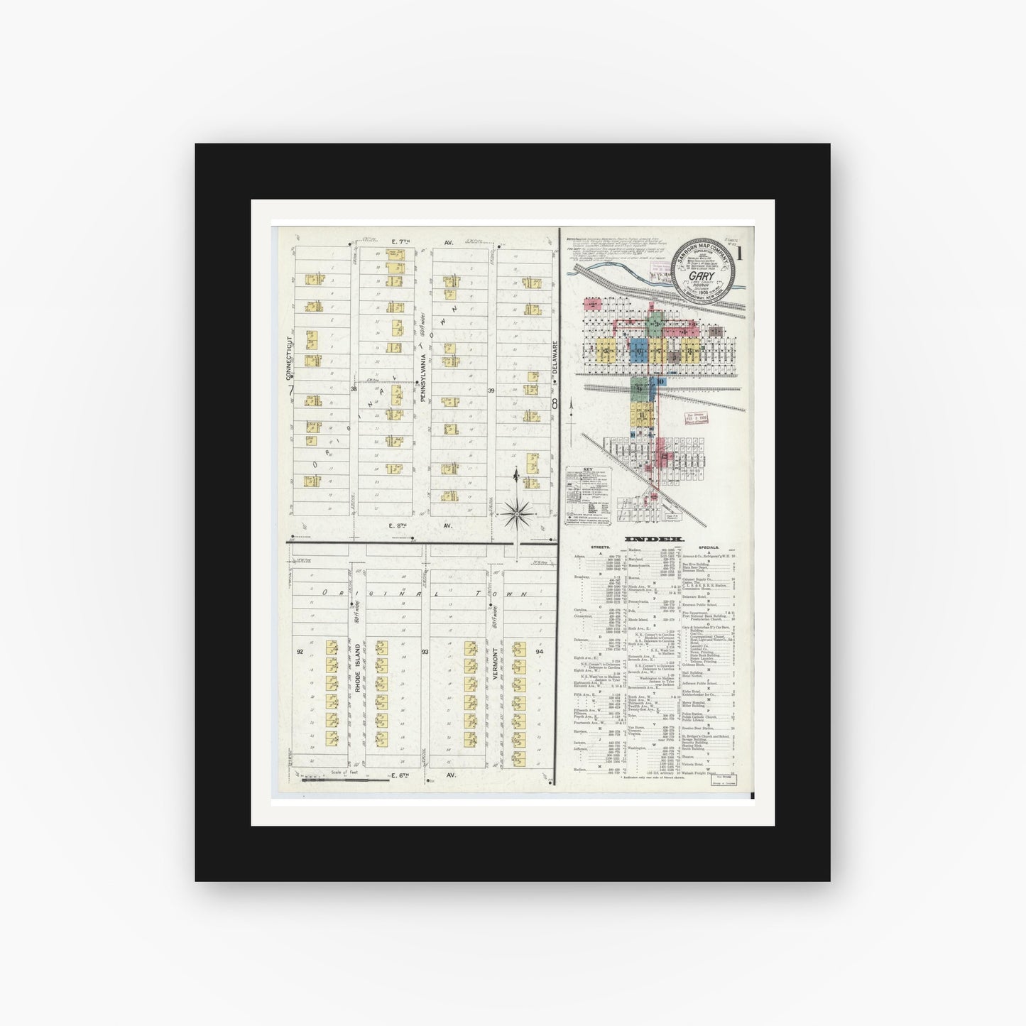 Old map wall art mockup — black gallery frame with white mat — Sanborn Fire Insurance Map from Gary, Lake County, Indiana (1908), Sheet #0001