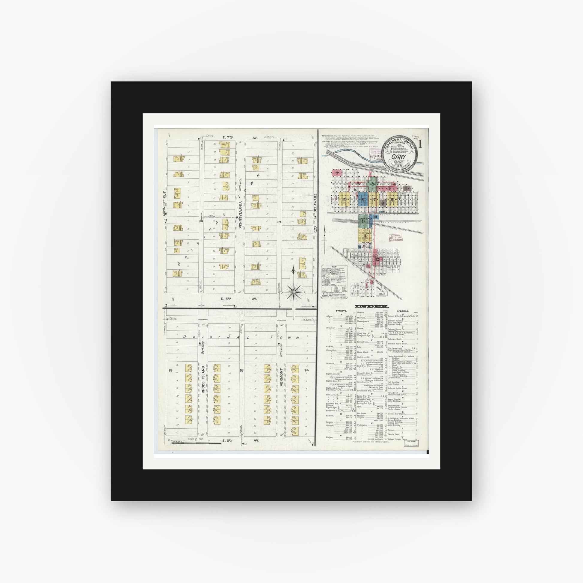 Old map wall art mockup — black gallery frame with white mat — Sanborn Fire Insurance Map from Gary, Lake County, Indiana (1908), Sheet #0001