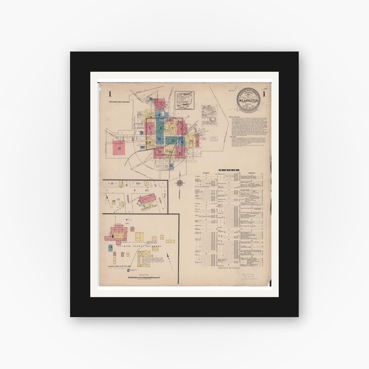 Old map wall art mockup — black gallery frame with white mat — Sanborn Fire Insurance Map from Wilmington, Clinton County, Ohio (1922) - Complete Map Set