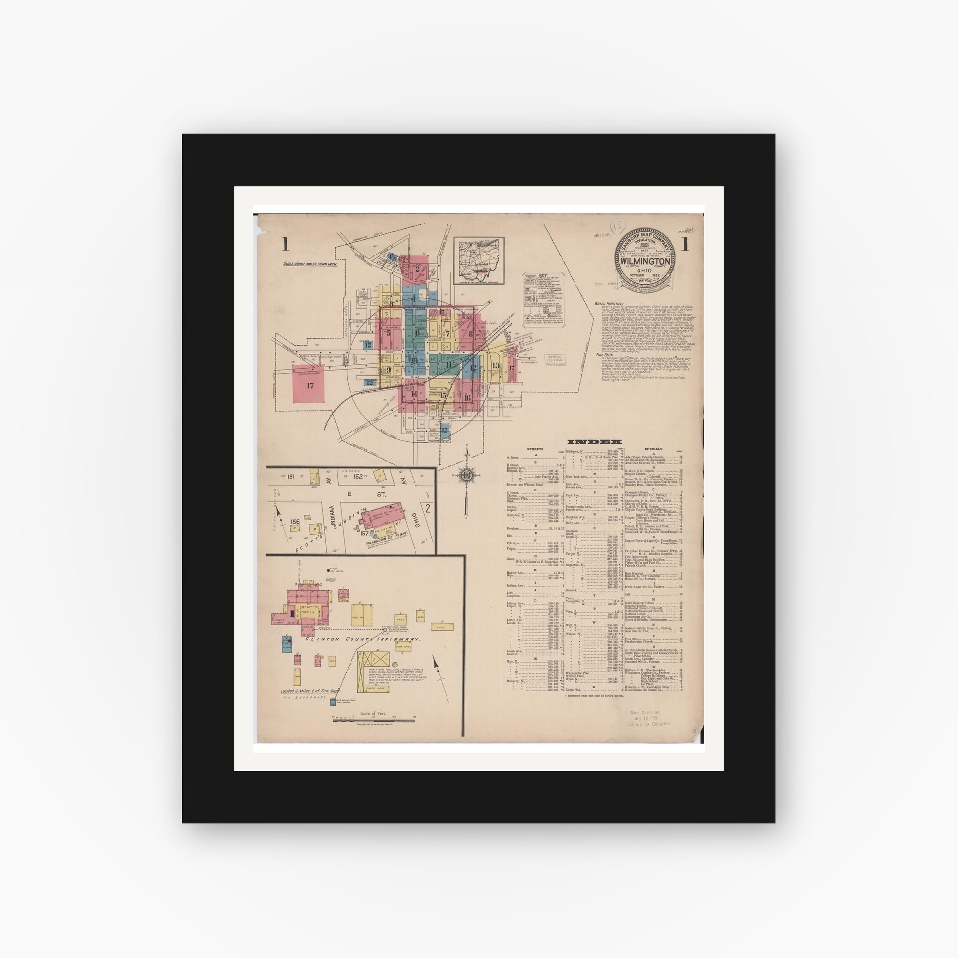 Old map wall art mockup — black gallery frame with white mat — Sanborn Fire Insurance Map from Wilmington, Clinton County, Ohio (1922) - Complete Map Set