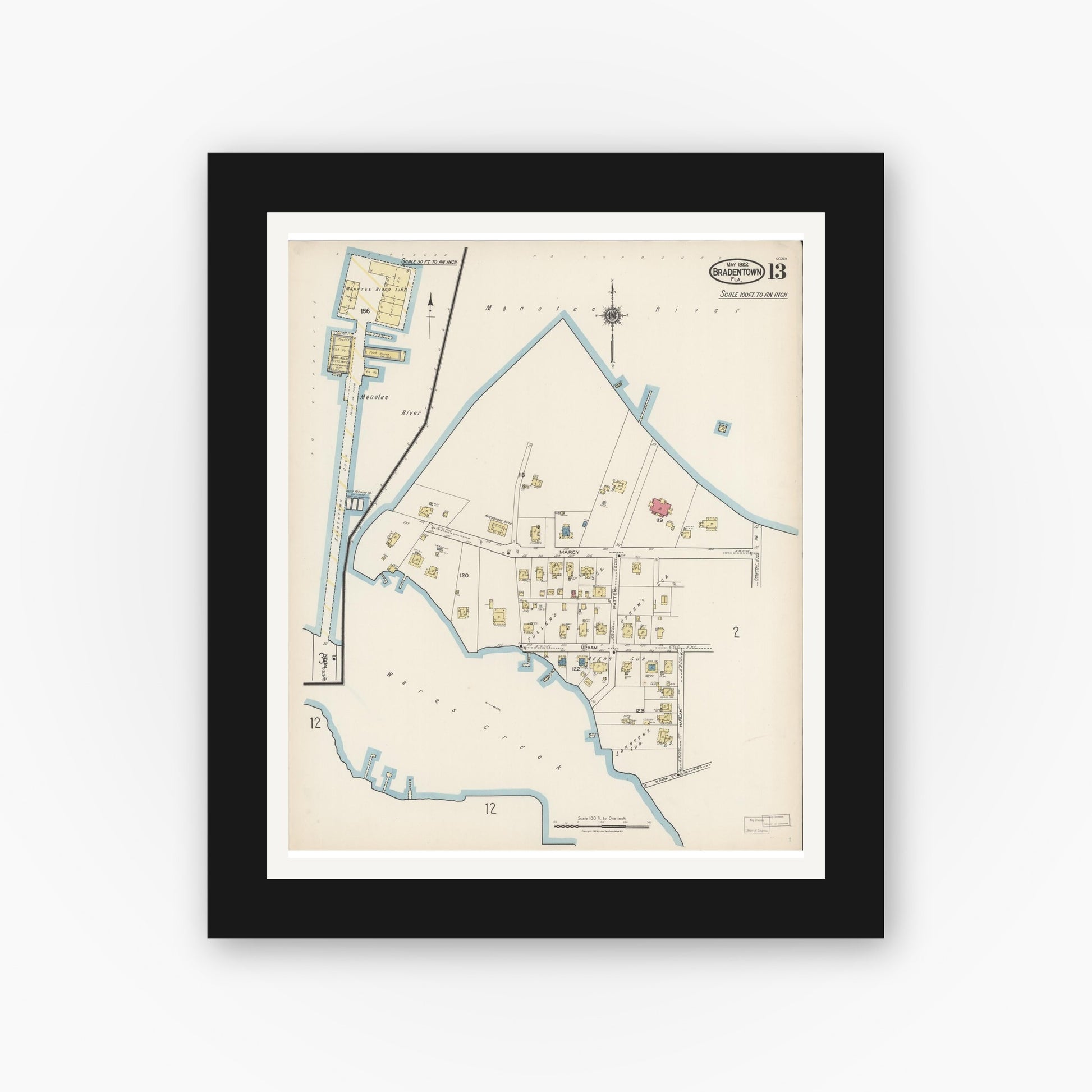 Old map wall art mockup — black gallery frame with white mat — Sanborn Fire Insurance Map from Bradentown, Manatee County, Florida (1922), Sheet #0013