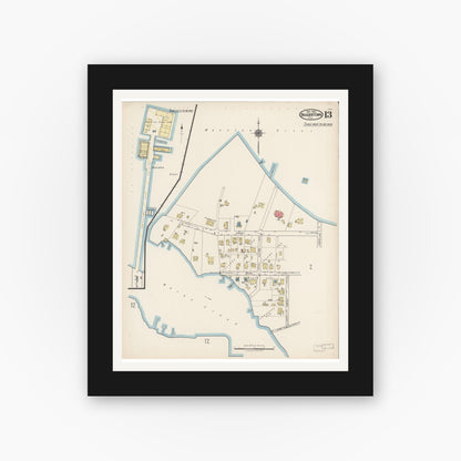 Old map wall art mockup — black gallery frame with white mat — Sanborn Fire Insurance Map from Bradentown, Manatee County, Florida (1922), Sheet #0013