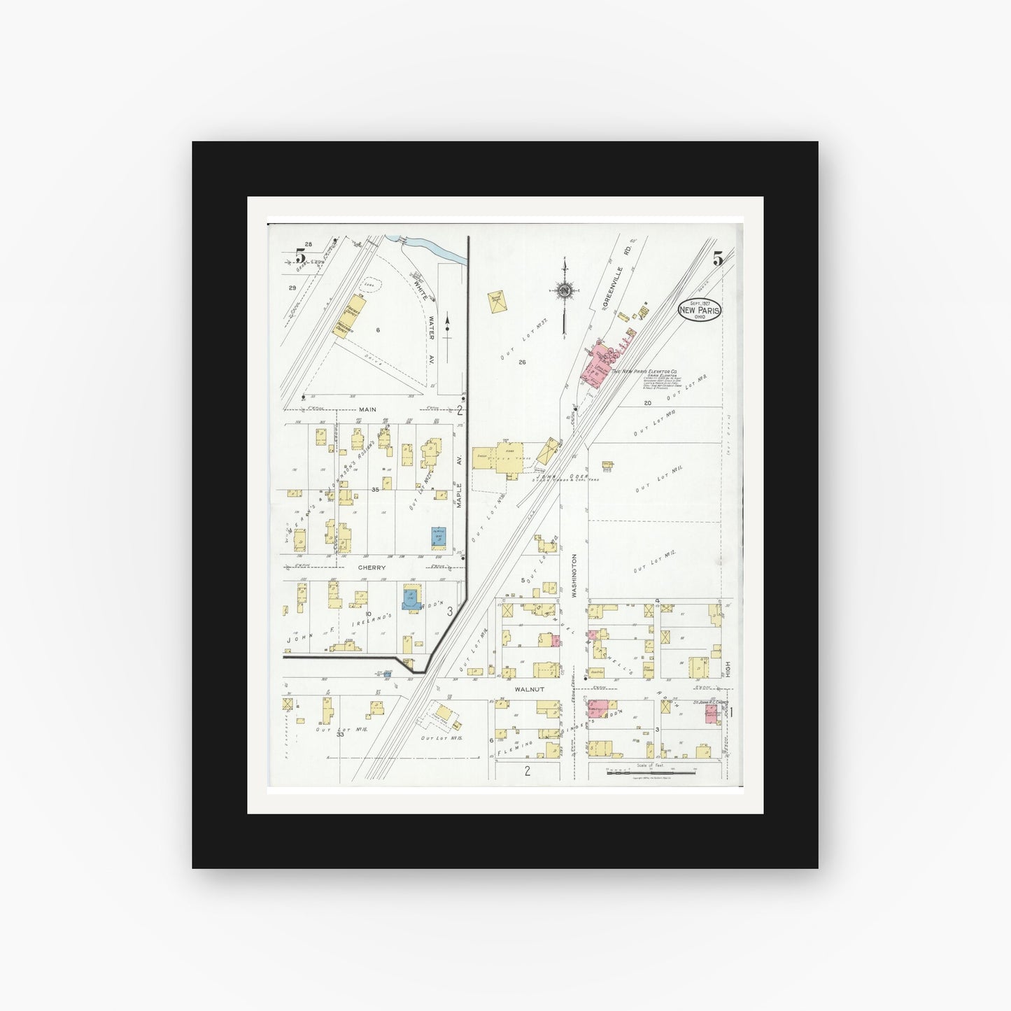 Old map wall art mockup — black gallery frame with white mat — Sanborn Fire Insurance Map from New Paris, Preble County, Ohio (1927), Sheet #0005