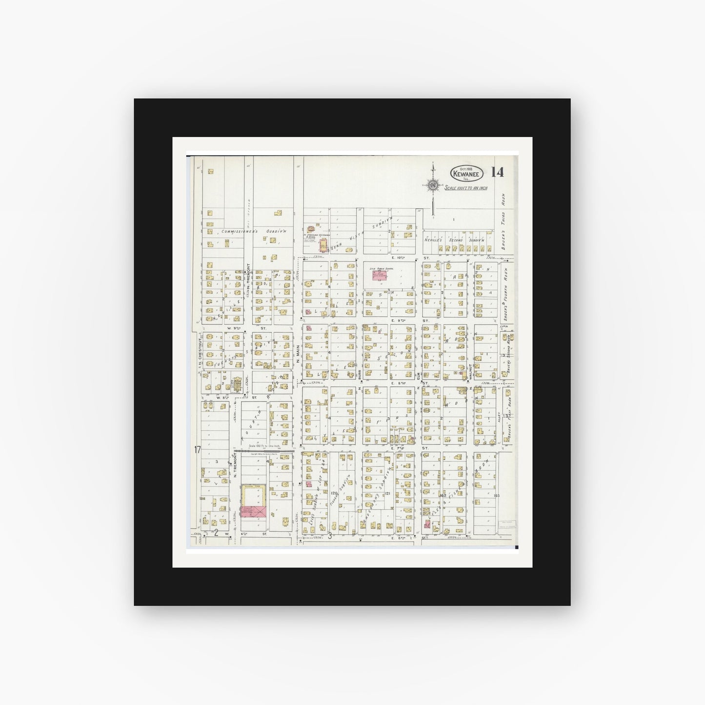 Old map wall art mockup — black gallery frame with white mat — Sanborn Fire Insurance Map from Kewanee, Henry County, Illinois (1918), Sheet #0014