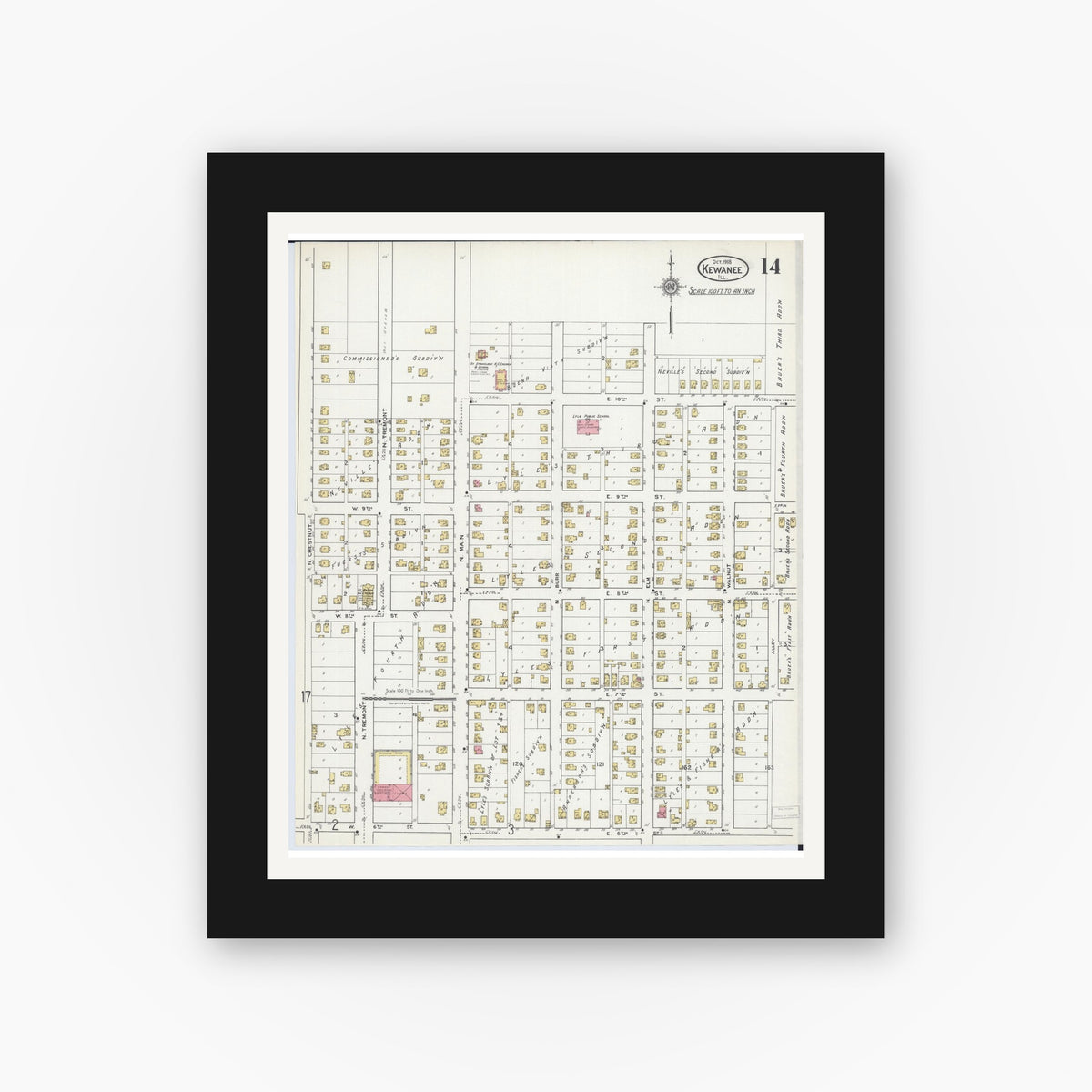 Old map wall art mockup — black gallery frame with white mat — Sanborn Fire Insurance Map from Kewanee, Henry County, Illinois (1918), Sheet #0014