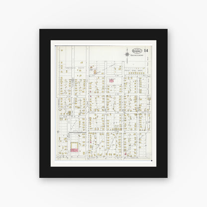 Old map wall art mockup — black gallery frame with white mat — Sanborn Fire Insurance Map from Kewanee, Henry County, Illinois (1918), Sheet #0014