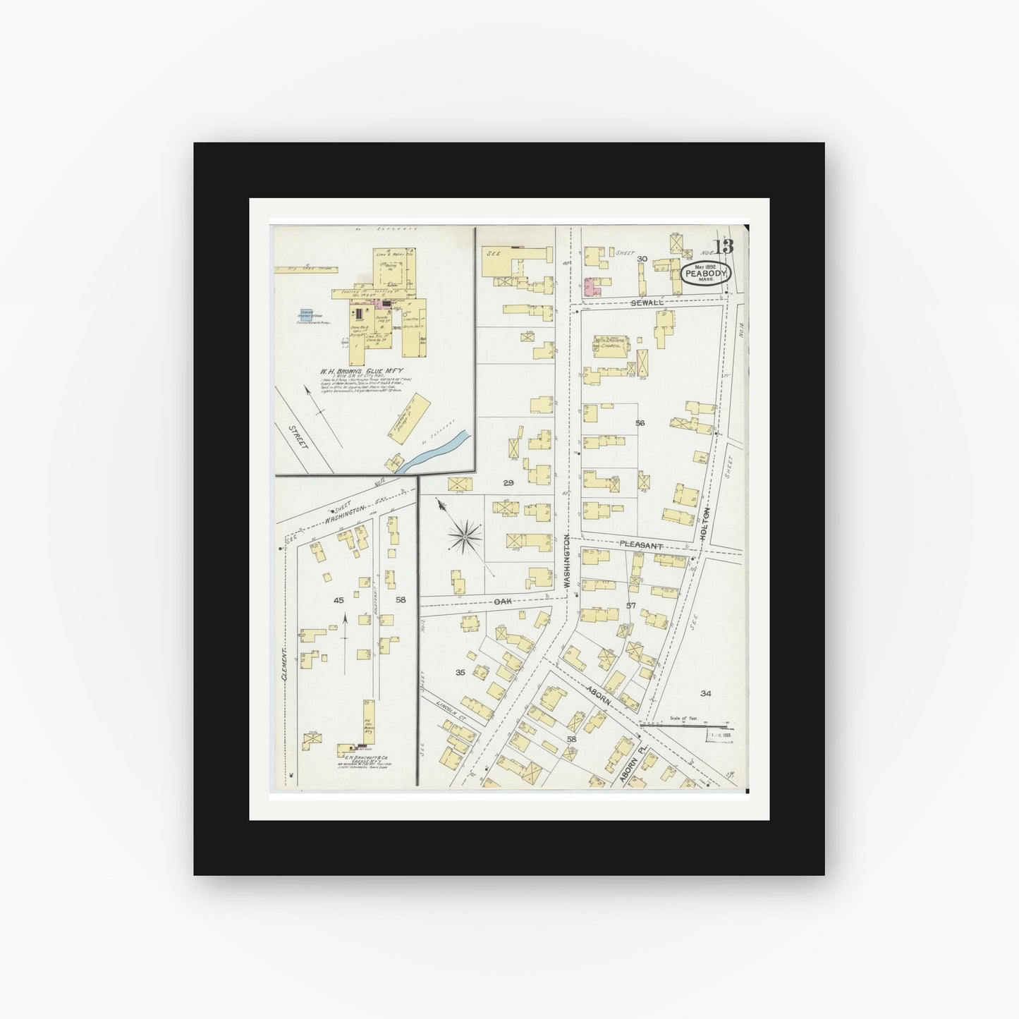 Old map wall art mockup — black gallery frame with white mat — Sanborn Fire Insurance Map from Peabody, Essex County, Massachusetts (1892), Sheet #0013
