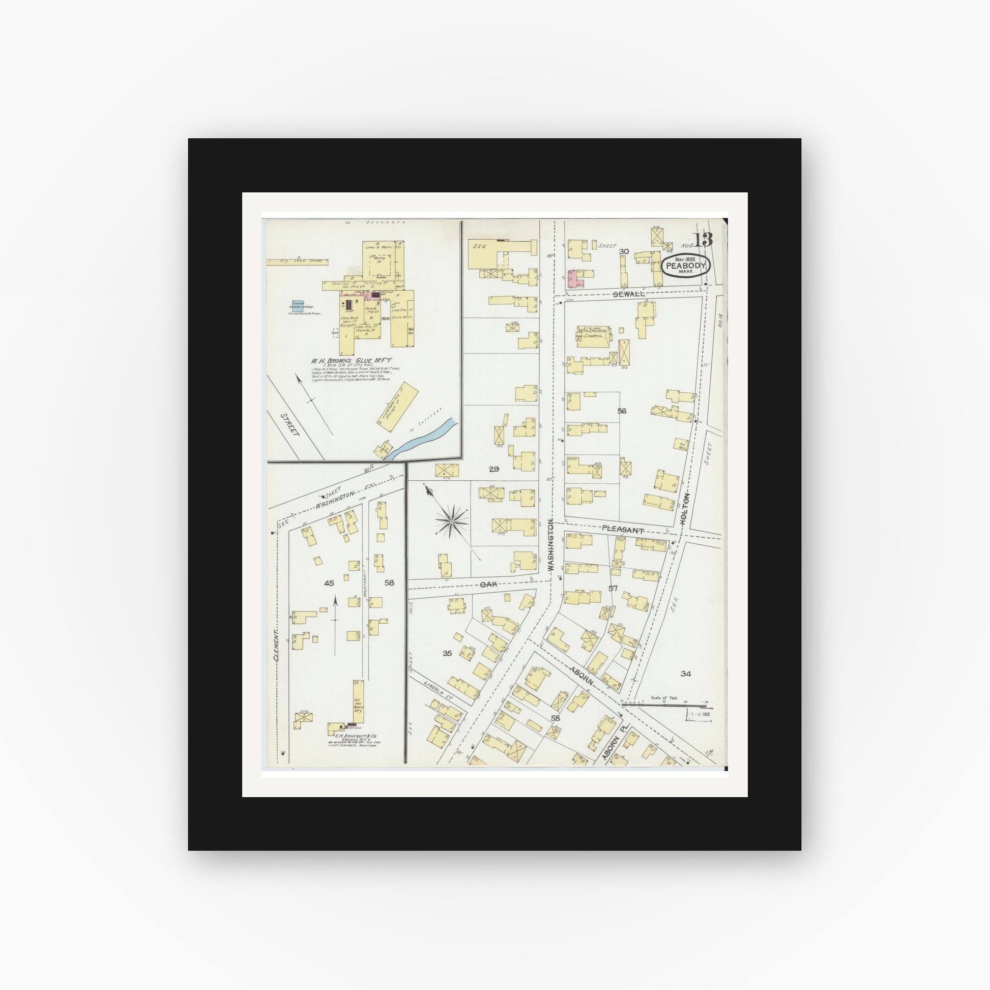 Old map wall art mockup — black gallery frame with white mat — Sanborn Fire Insurance Map from Peabody, Essex County, Massachusetts (1892), Sheet #0013