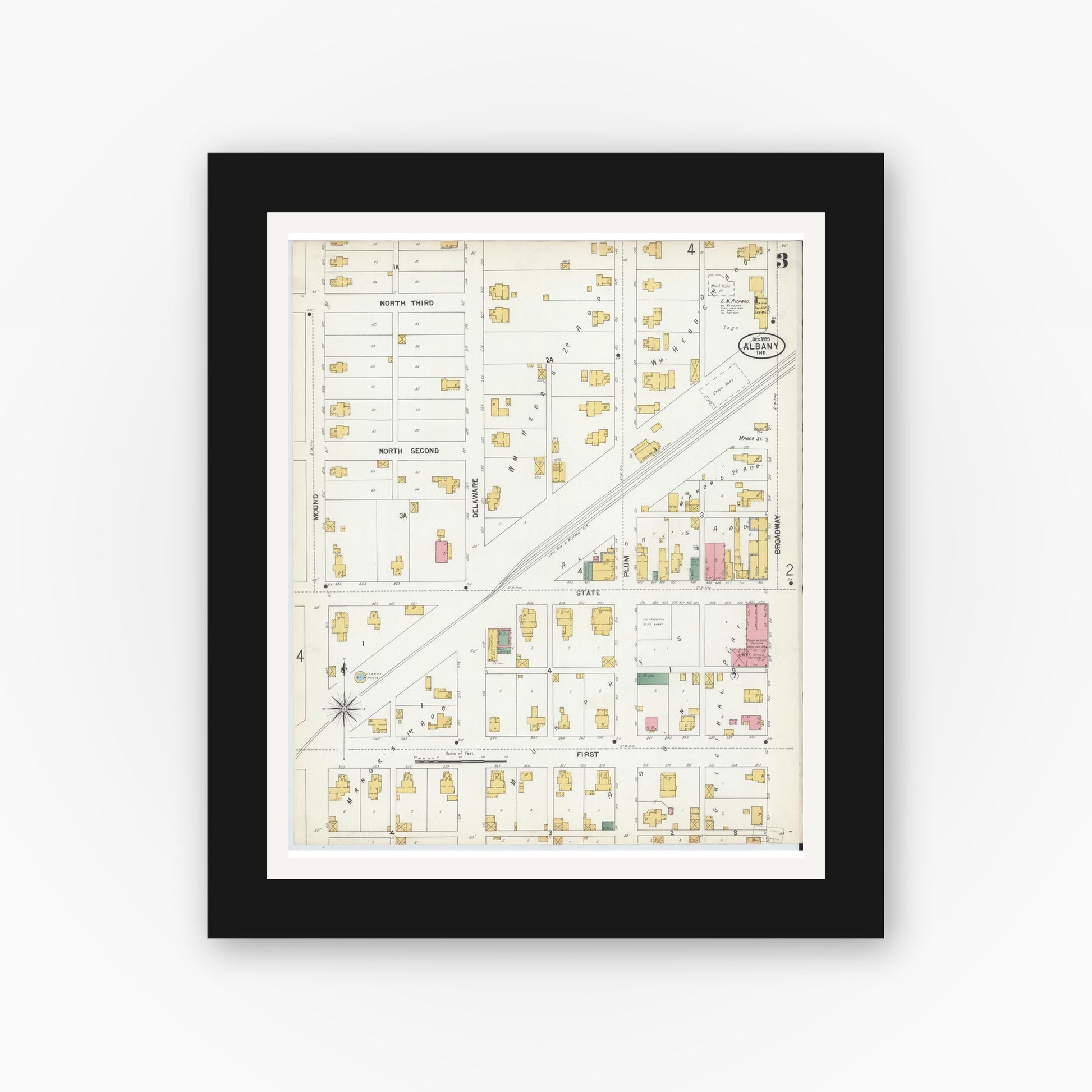 Old map wall art mockup — black gallery frame with white mat — Sanborn Fire Insurance Map from Albany, Delaware County, Indiana (1899), Sheet #0003