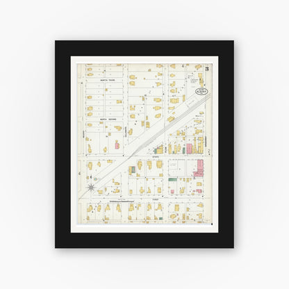 Old map wall art mockup — black gallery frame with white mat — Sanborn Fire Insurance Map from Albany, Delaware County, Indiana (1899), Sheet #0003